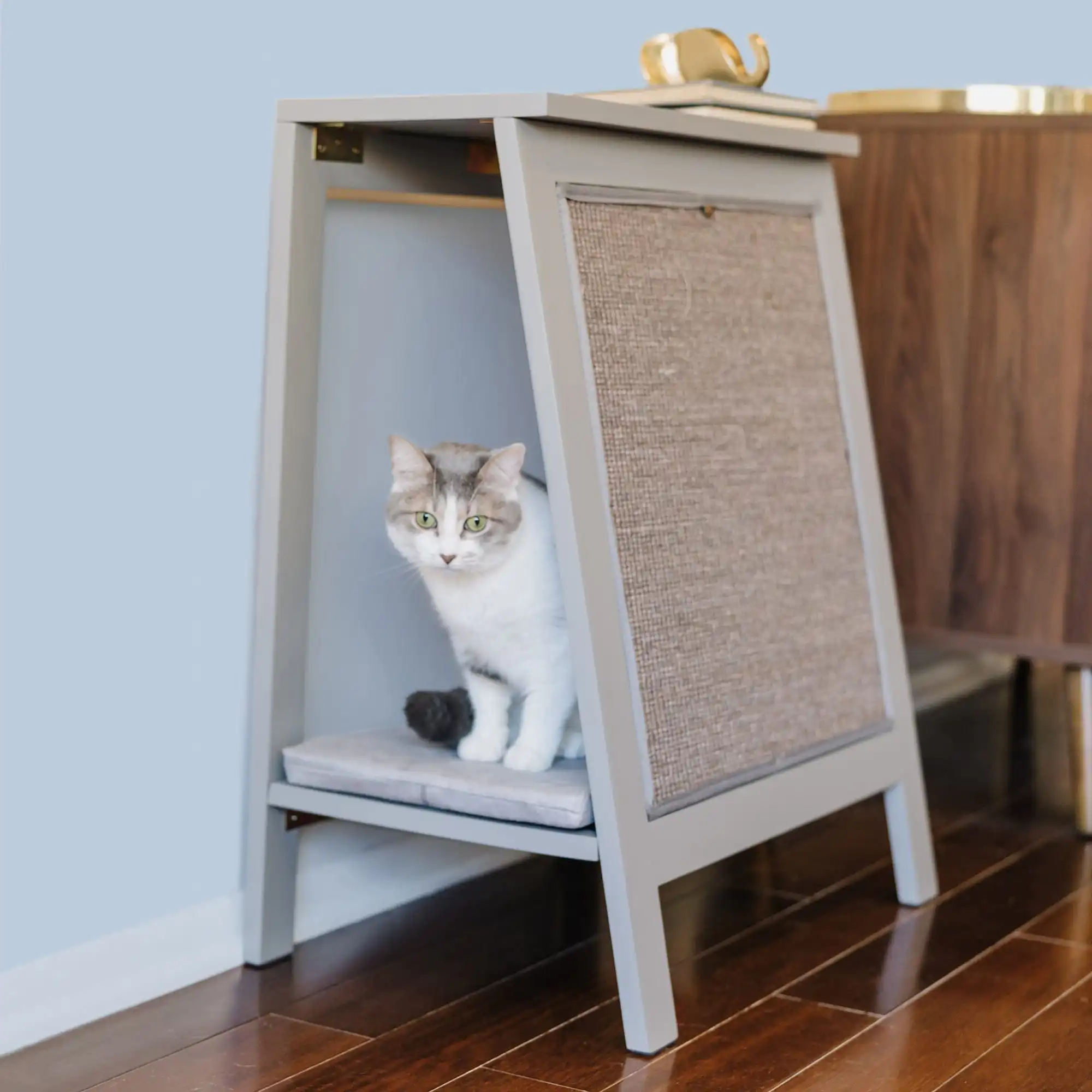 White and gray cat rests in a modern gray Aframe scratcher bed with scratching panel, on a wooden floor.
