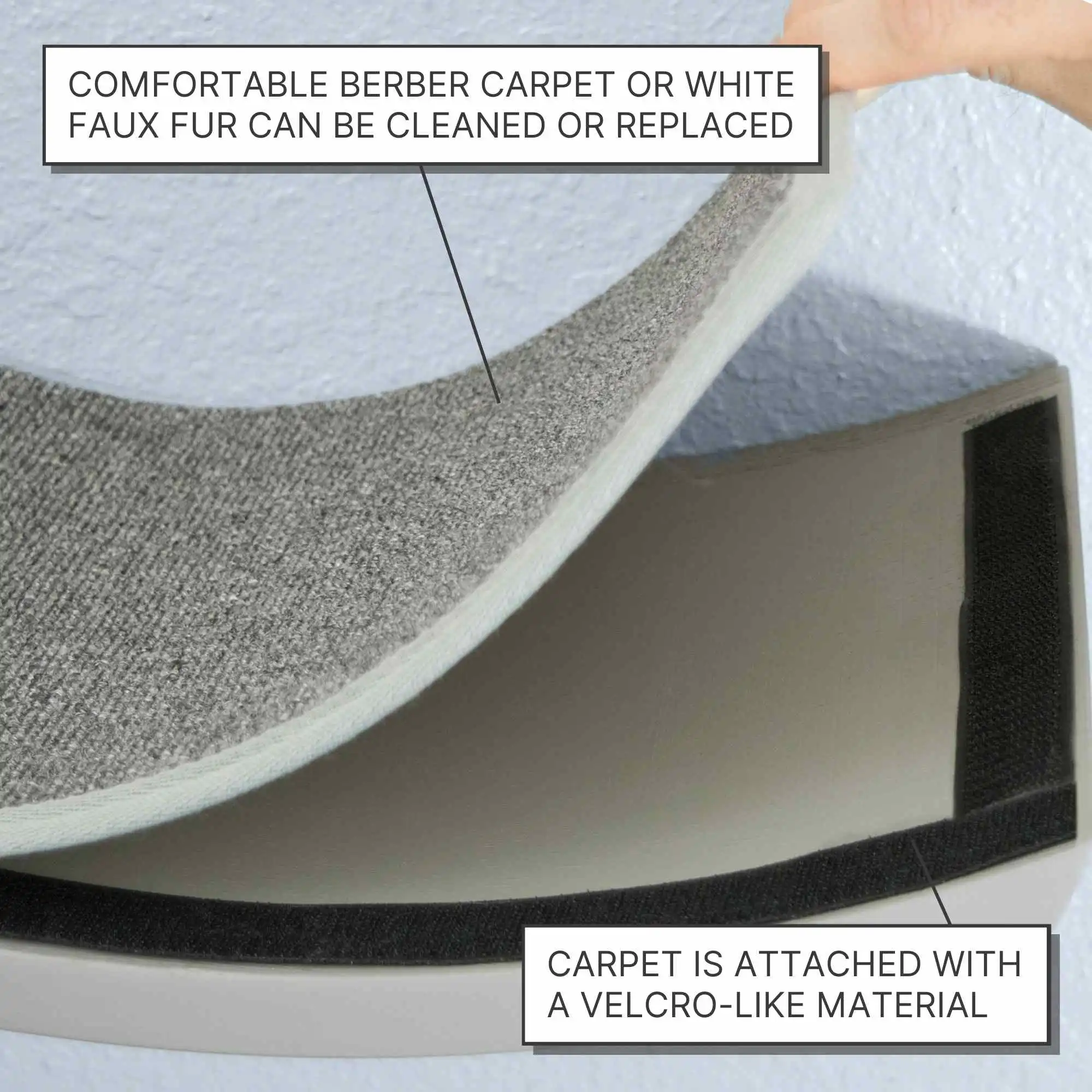 Grey carpet piece on Lotus Branch Cat Shelf, labeled to show Velcro-like attachment for easy removal and cleaning.