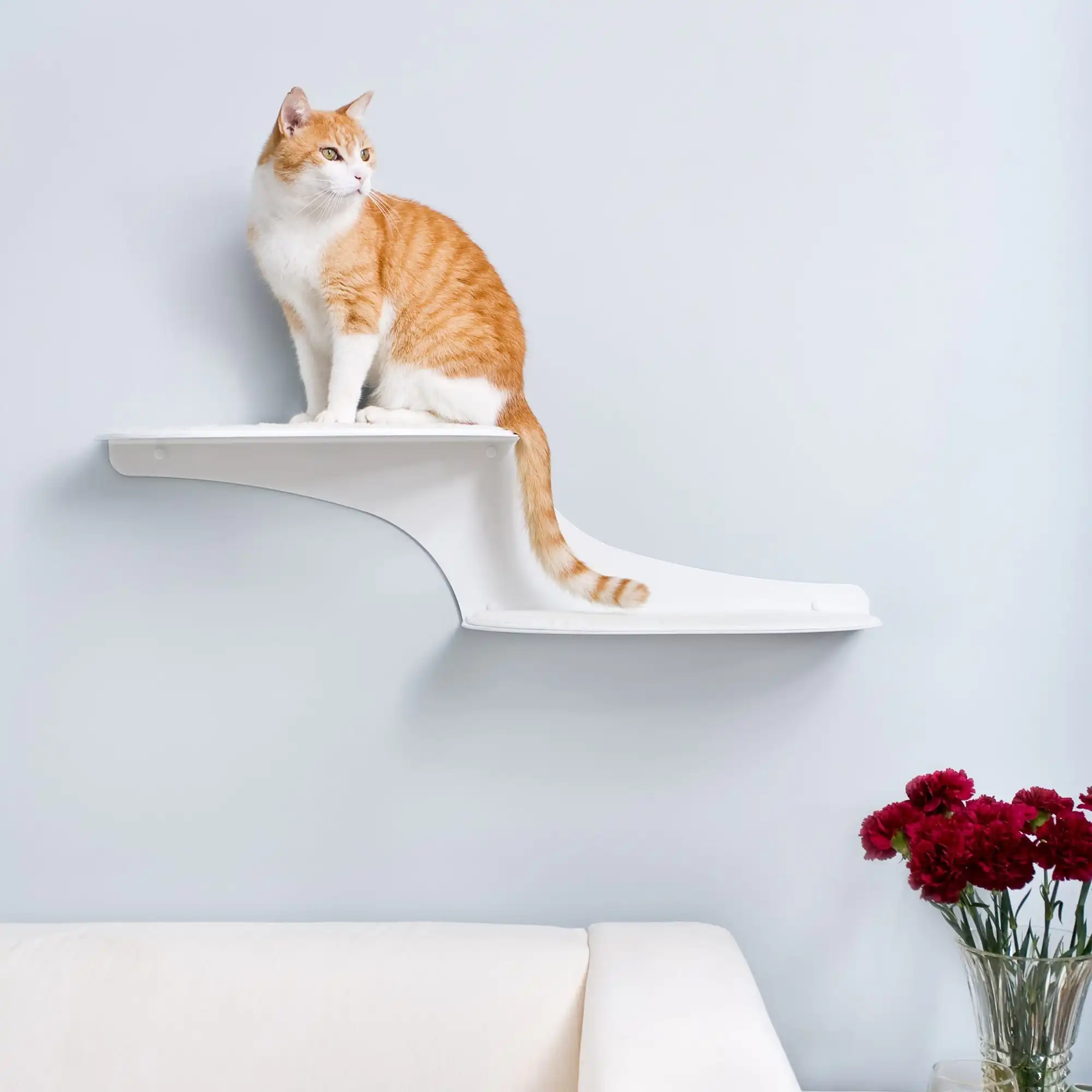 Ginger and white cat lying on a modern wall-mounted shelf above a white couch with red flowers in a vase on a side table.
