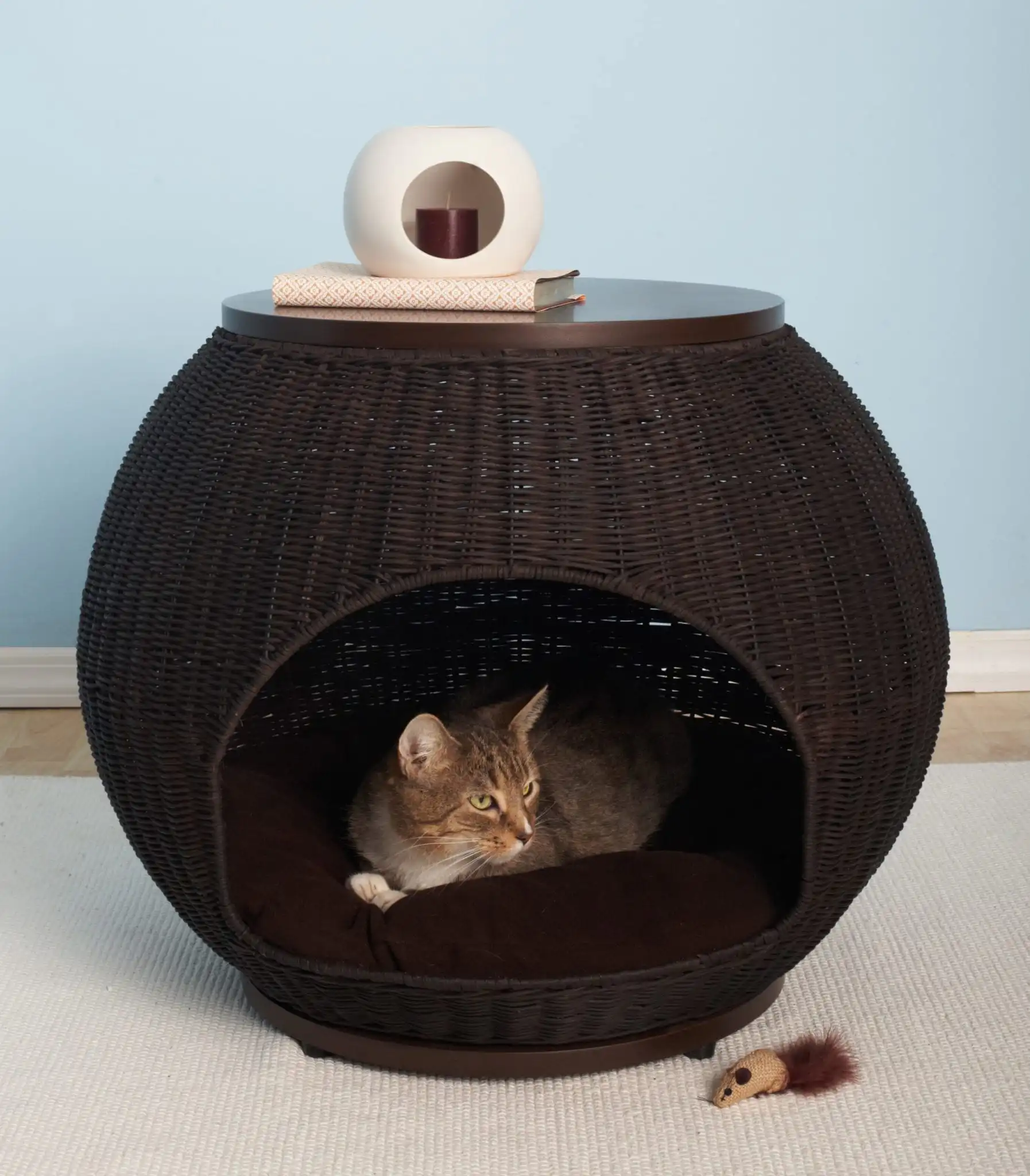 Tabby cat inside a round dark wicker pet bed with cushion; white vase, notebook, and book on top; toy mouse on floor nearby.