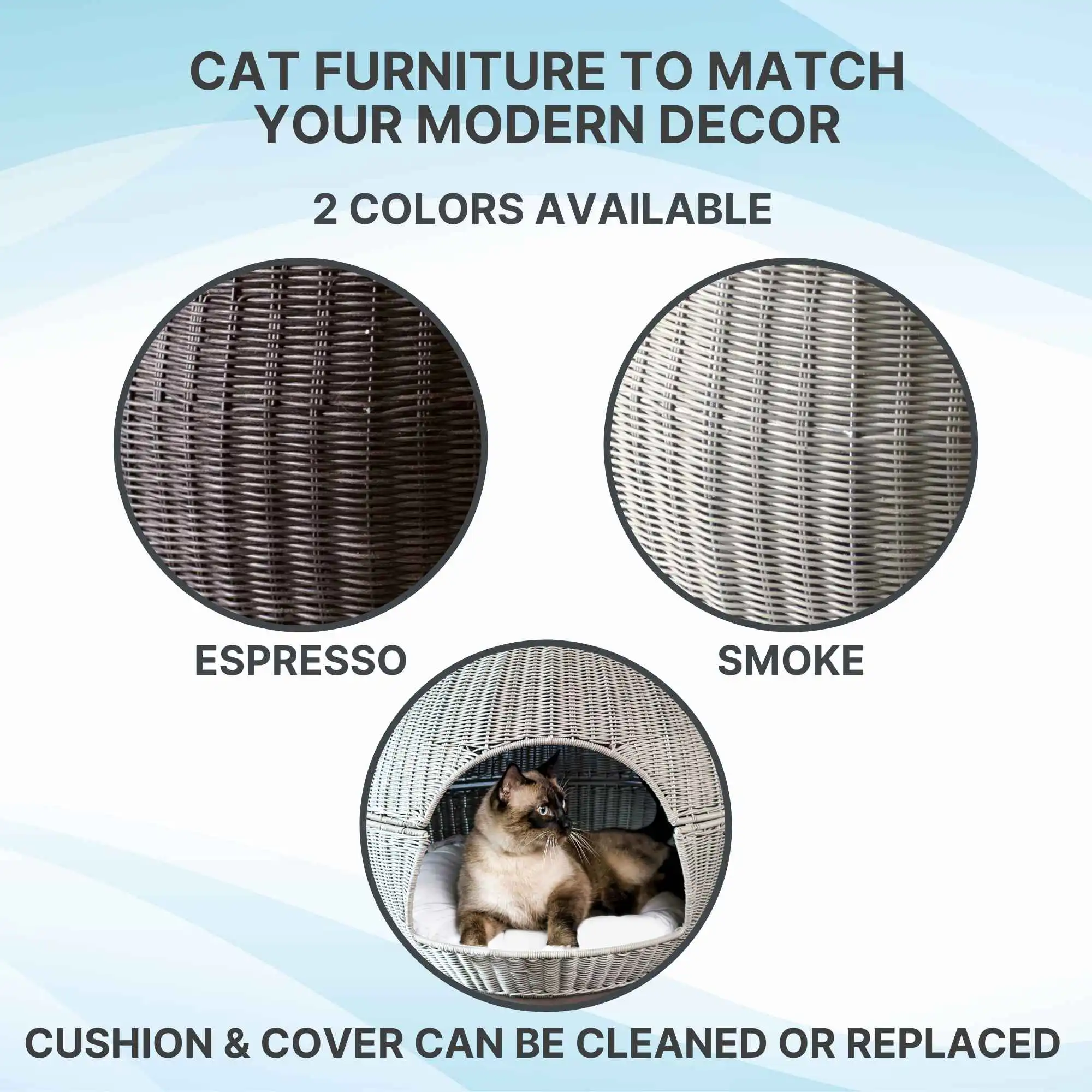 Igloo cat beds in espresso and smoke colors with a cozy enclosed space, plus washable, replaceable cushions and covers.