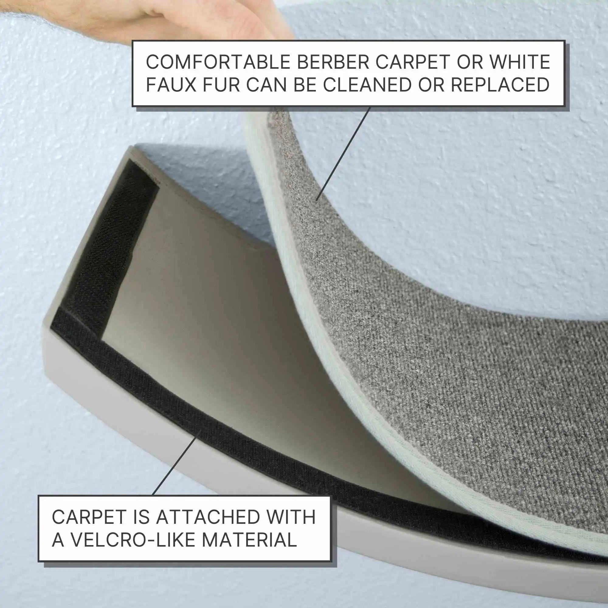 A hand lifts carpet on a Lotus Leaf Cat Shelf, showing Velcro-like fastener; labels note it's replaceable and easy to clean.