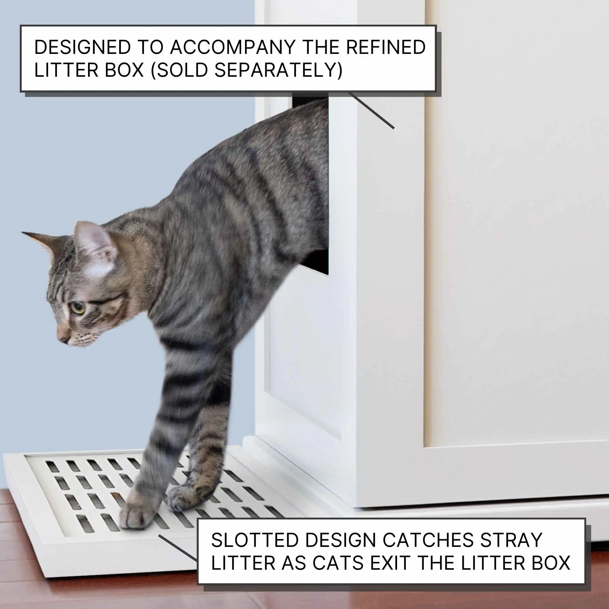 Gray tabby cat steps from a white cabinet onto Litter Catch mat; text lists features and notes litter box sold separately.