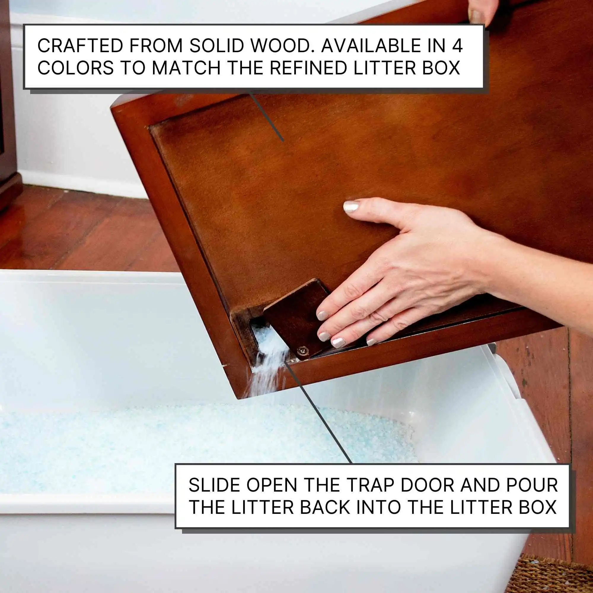Person empties litter from Litter Catch into white box; text reads: Solid wood in 4 colors, easy pour-back trap door.