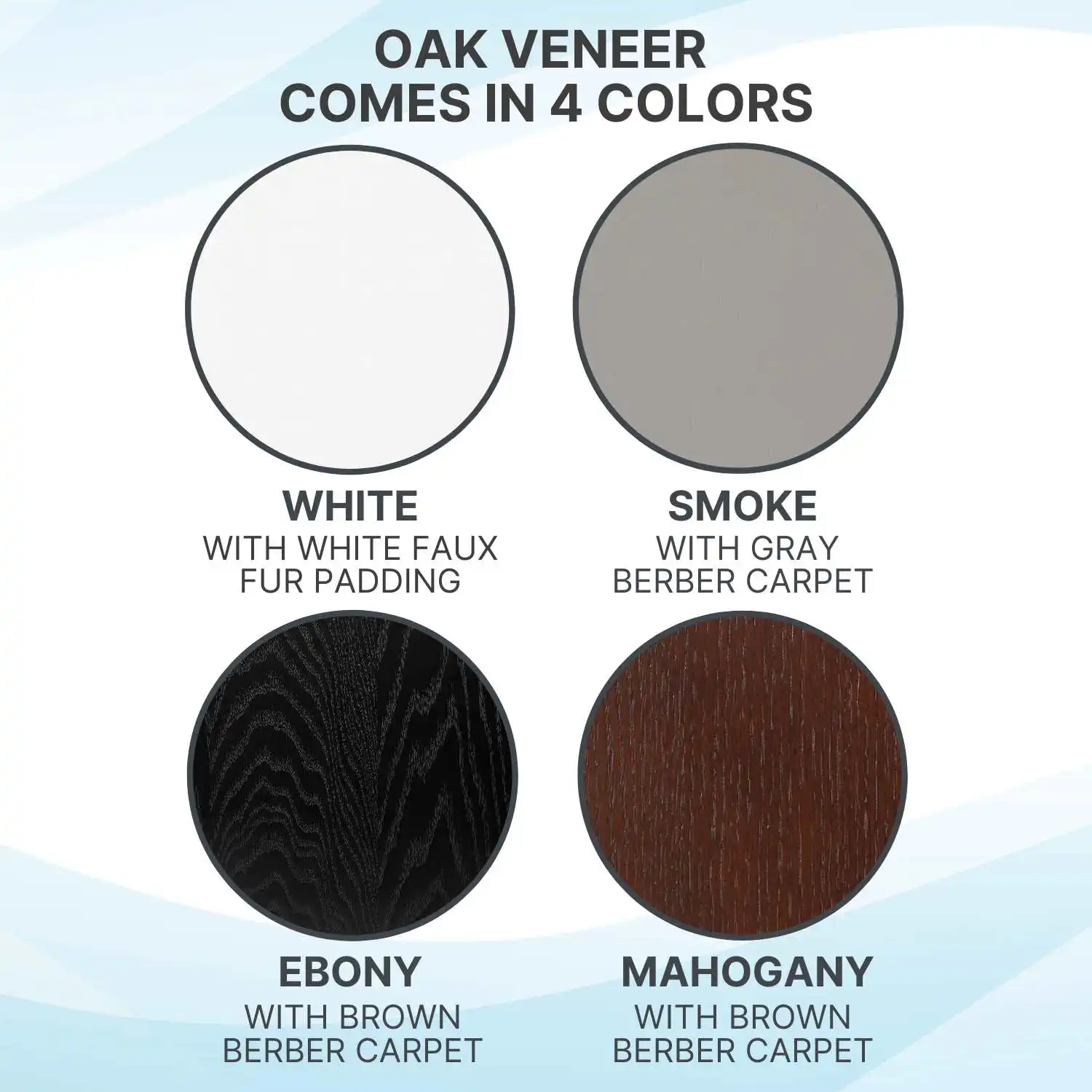 Four cat shelves in oak veneers: white with white faux fur, smoke with gray carpet, ebony and mahogany with brown carpet.