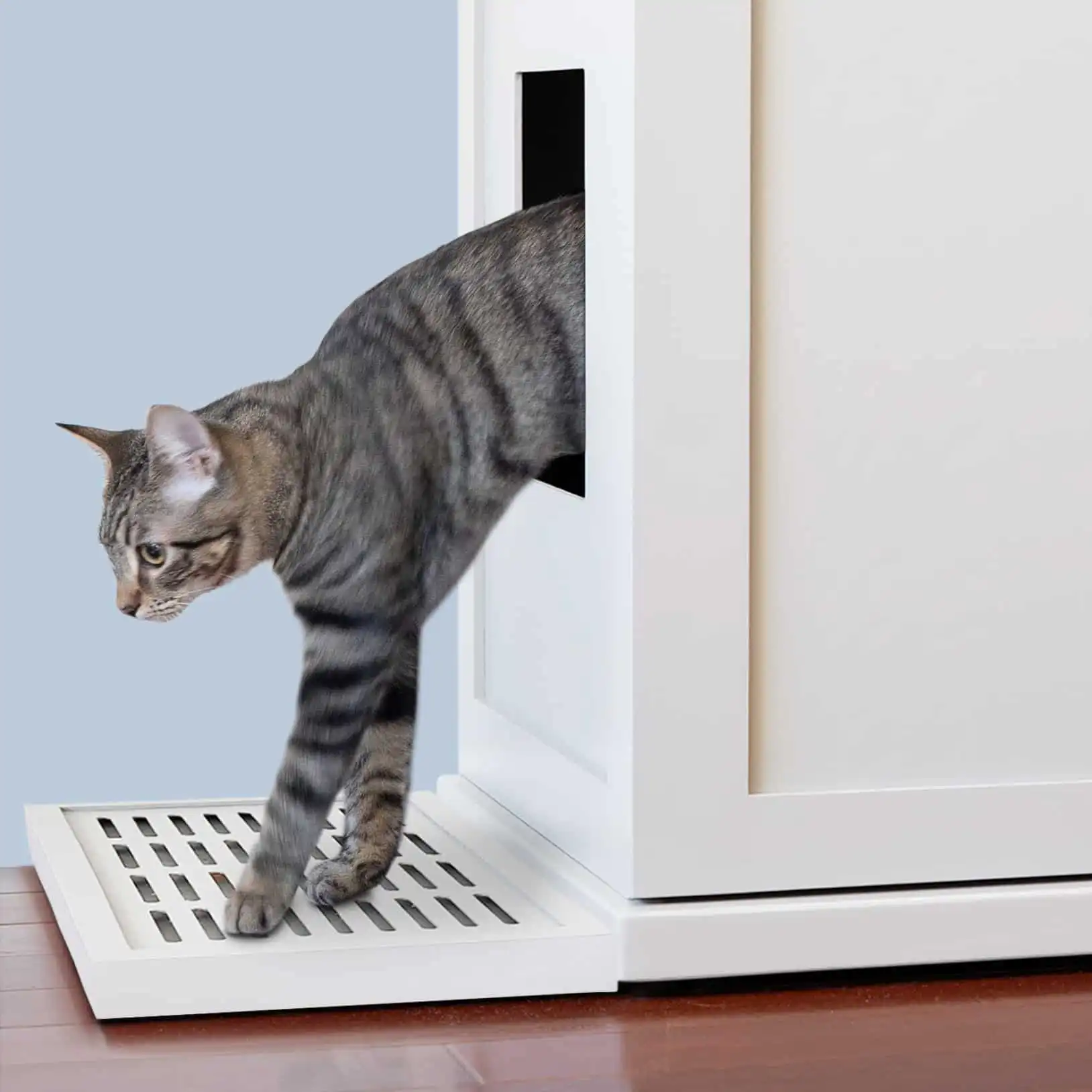 Gray tabby cat stepping out of a white enclosed litter box onto a mat on a hardwood floor.