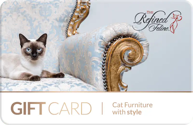 Siamese cat on a blue and gold ornate chair. Text: The Refined Feline gift-card_3 | Modern cat furniture with style.