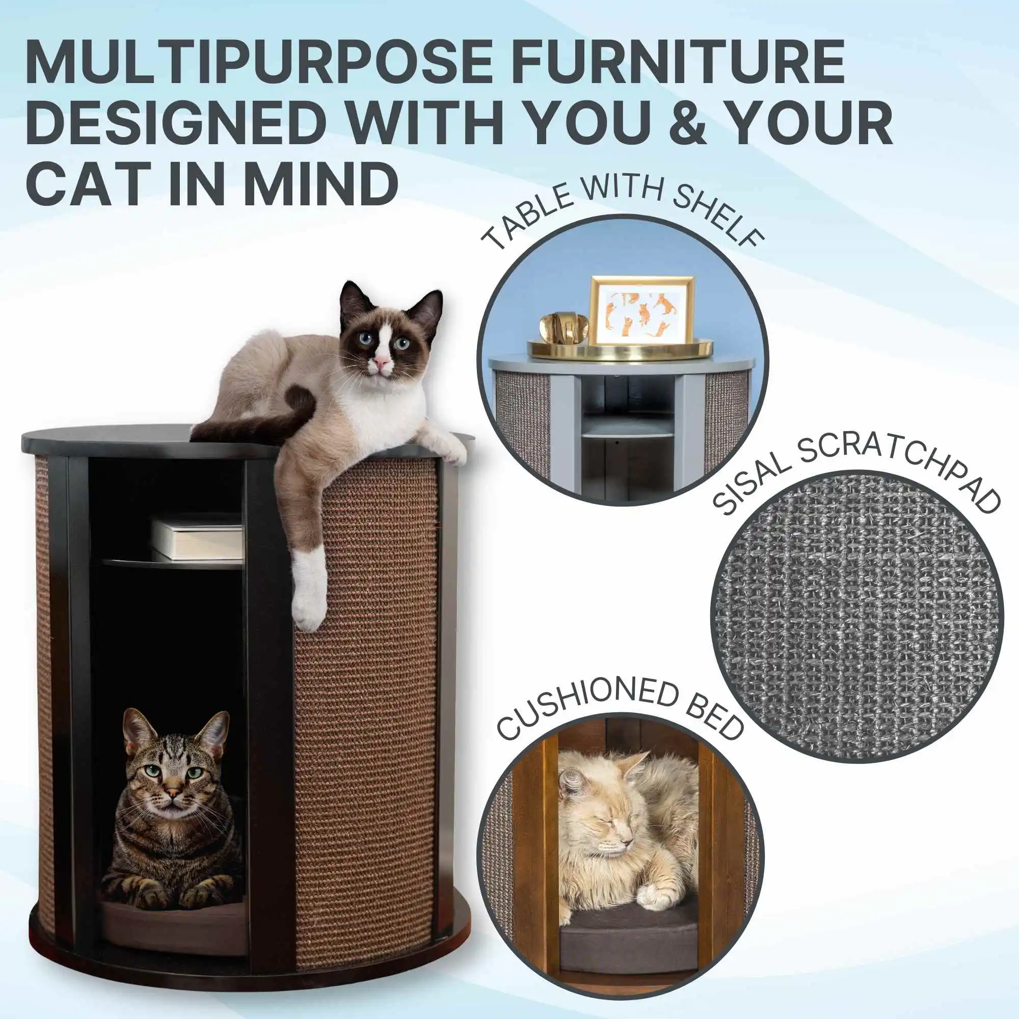 Round cat end table with cushioned bed, sisal scratchpad sides; one cat inside, another lounging on top. Text present.