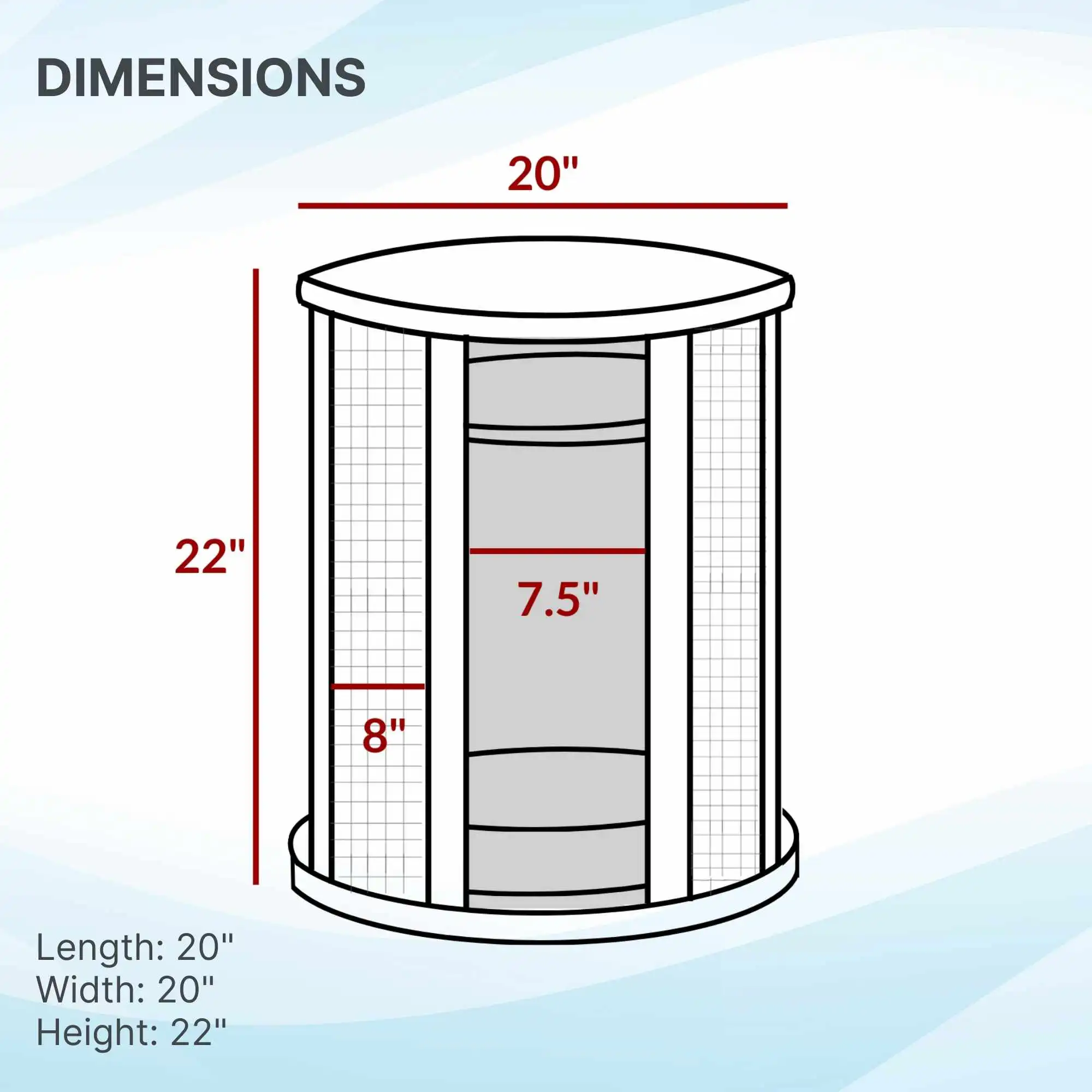 Cylindrical cat bed end table: 20" wide, 22" high, 7.5" center width, 8" lower height; dimensions at bottom left.
