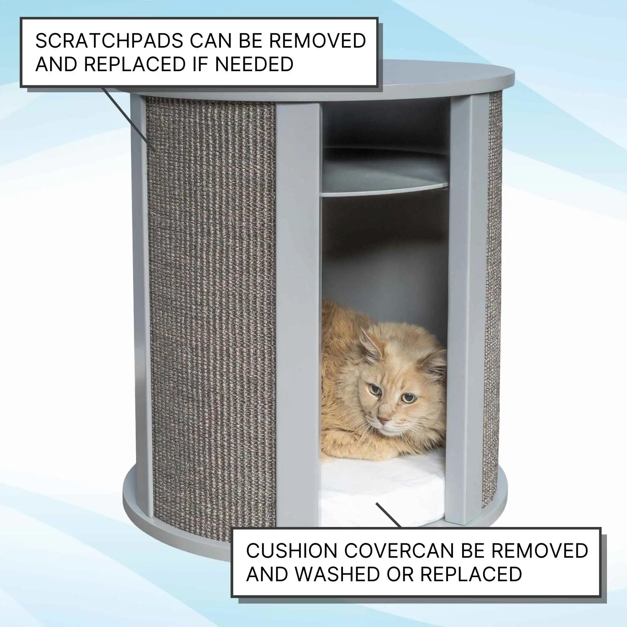 Round cat bed end table with open compartment, side scratchpad, removable cushion, and washable cover.