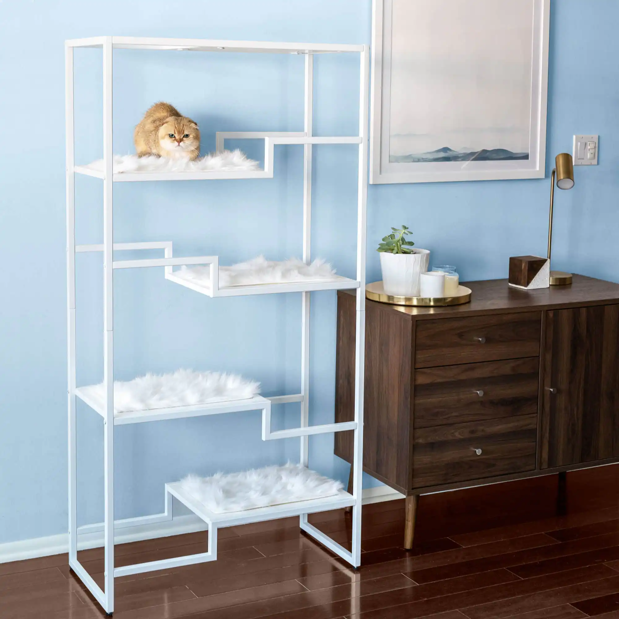 Modern white metal cat condo with faux fur pads beside a wooden dresser in a light blue room; cat on top shelf.