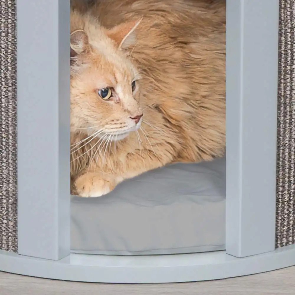 A long-haired orange cat rests on a gray Purrrtable cushion inside a gray, enclosed cat furniture structure.
