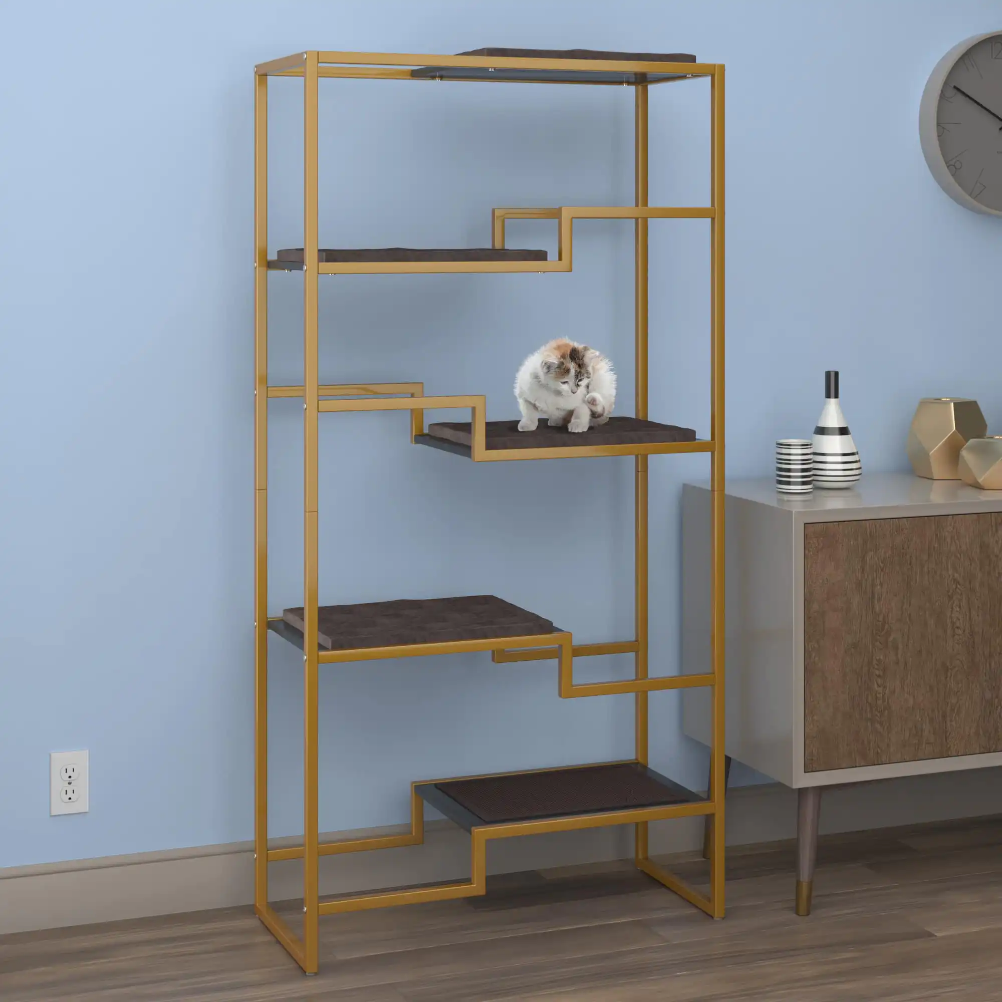 Cat relaxing on a gold-framed, black-platform, brown-cushioned seat in a modern blue room with cabinet and decor.