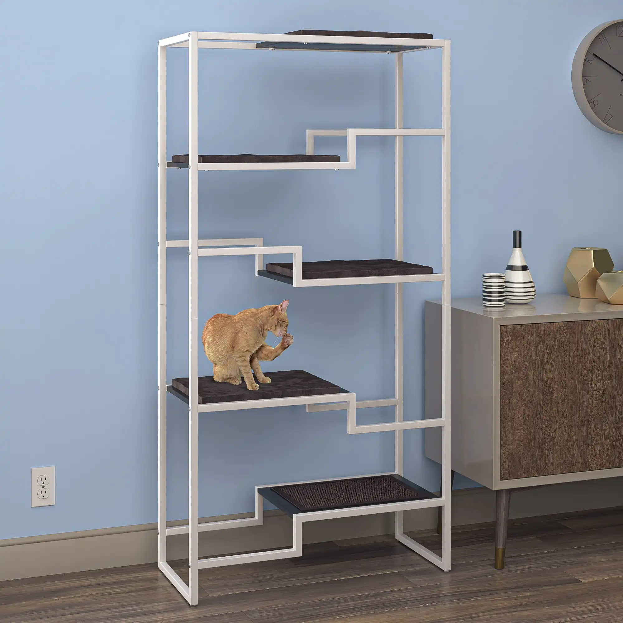 Cat standing on a multi-level metal shelf with white frame, black platform, and brown cushion by a blue wall and cabinet.