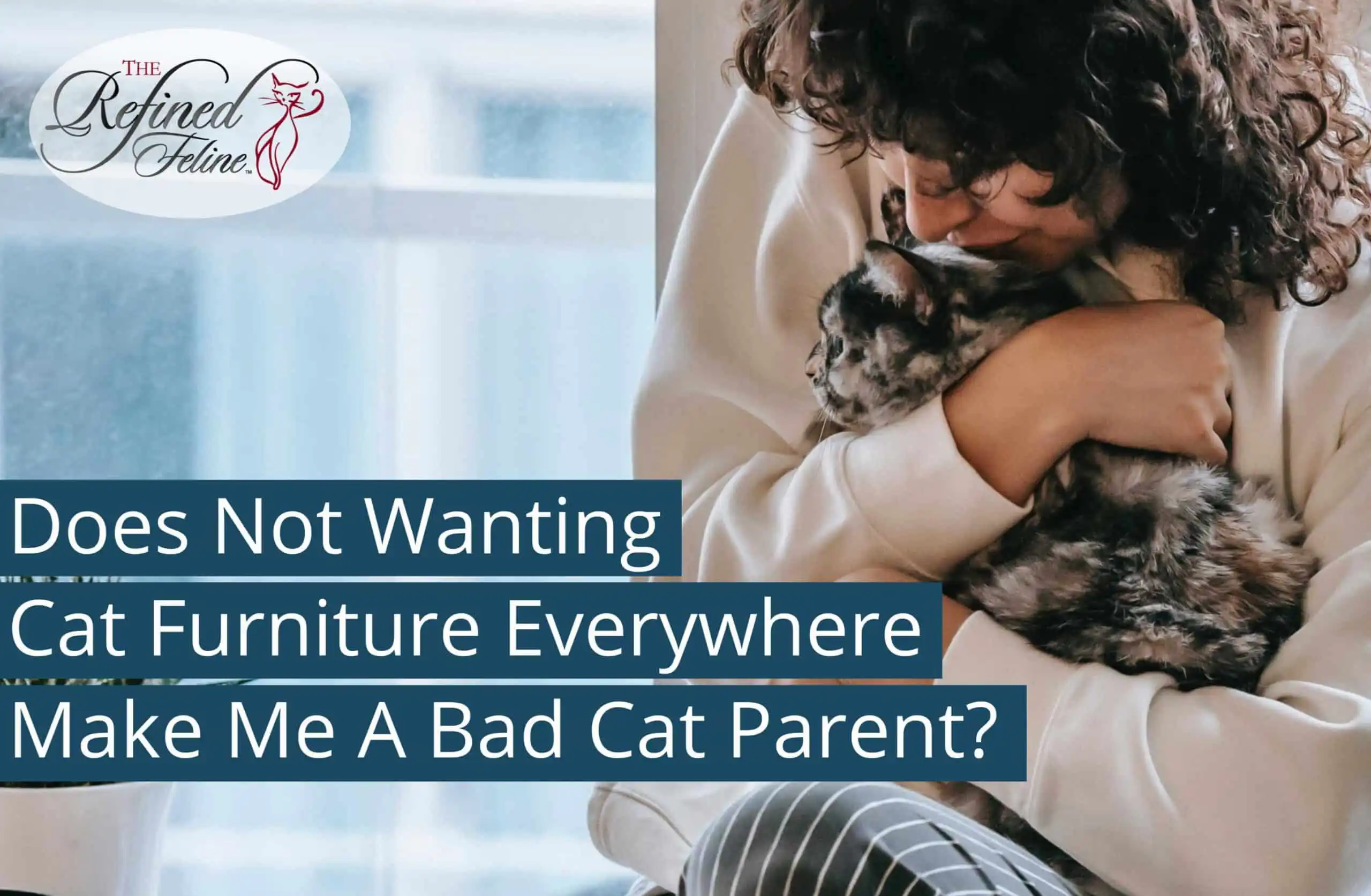 Person hugging a cat indoors; overlaid text reads, “Does avoiding cat furniture make me a bad cat parent?”.