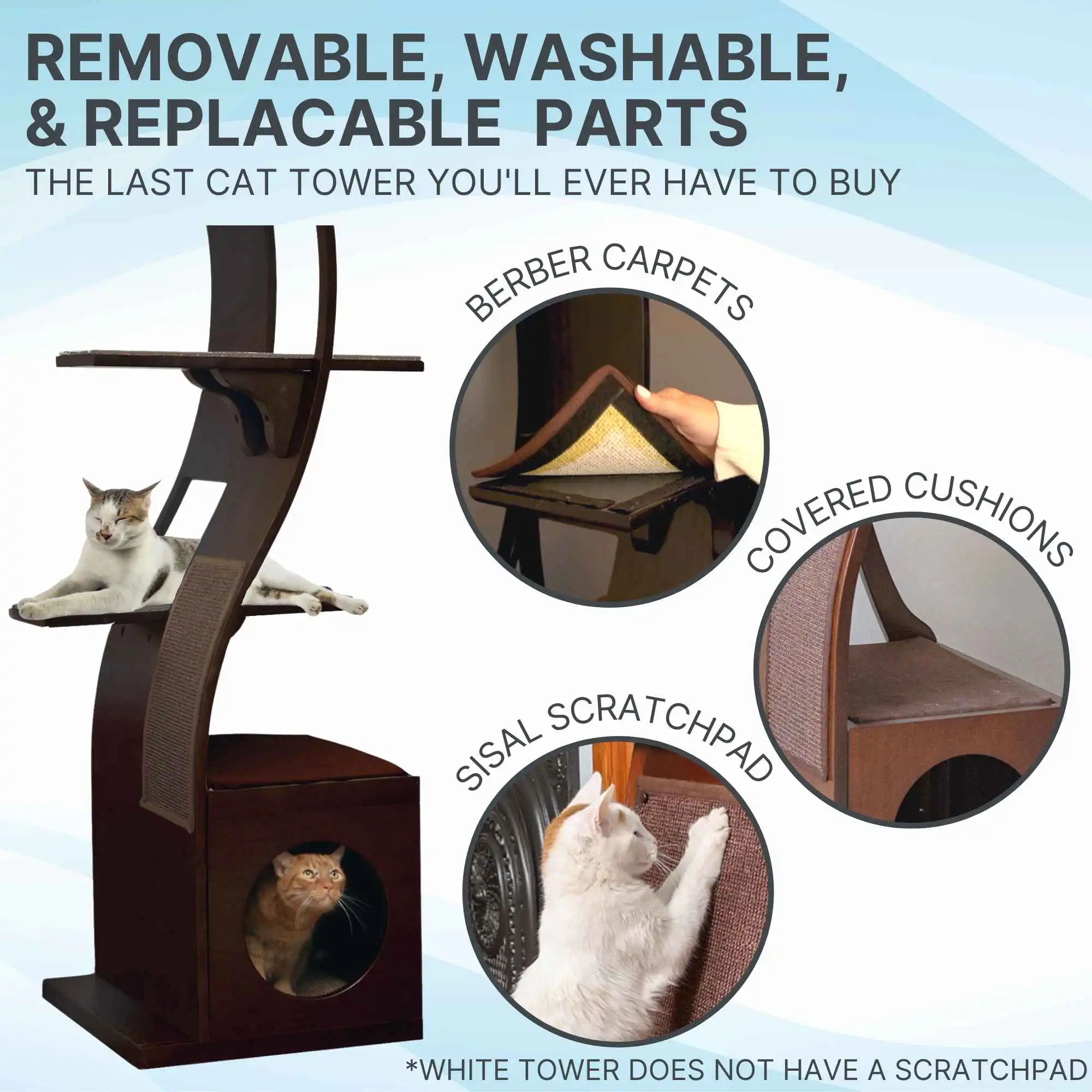 Lotus Cat Tower with berber carpet, cushioned platforms, and sisal scratchpad; white model lacks scratchpad.