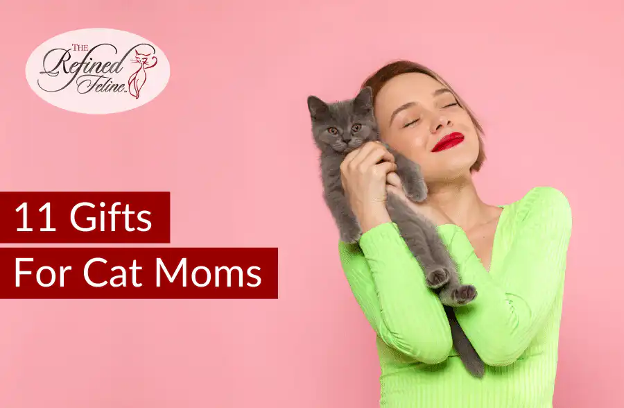 Woman in green top hugs gray kitten on pink background; “Gifts For Cat Moms” text and Refined Feline logo upper left.