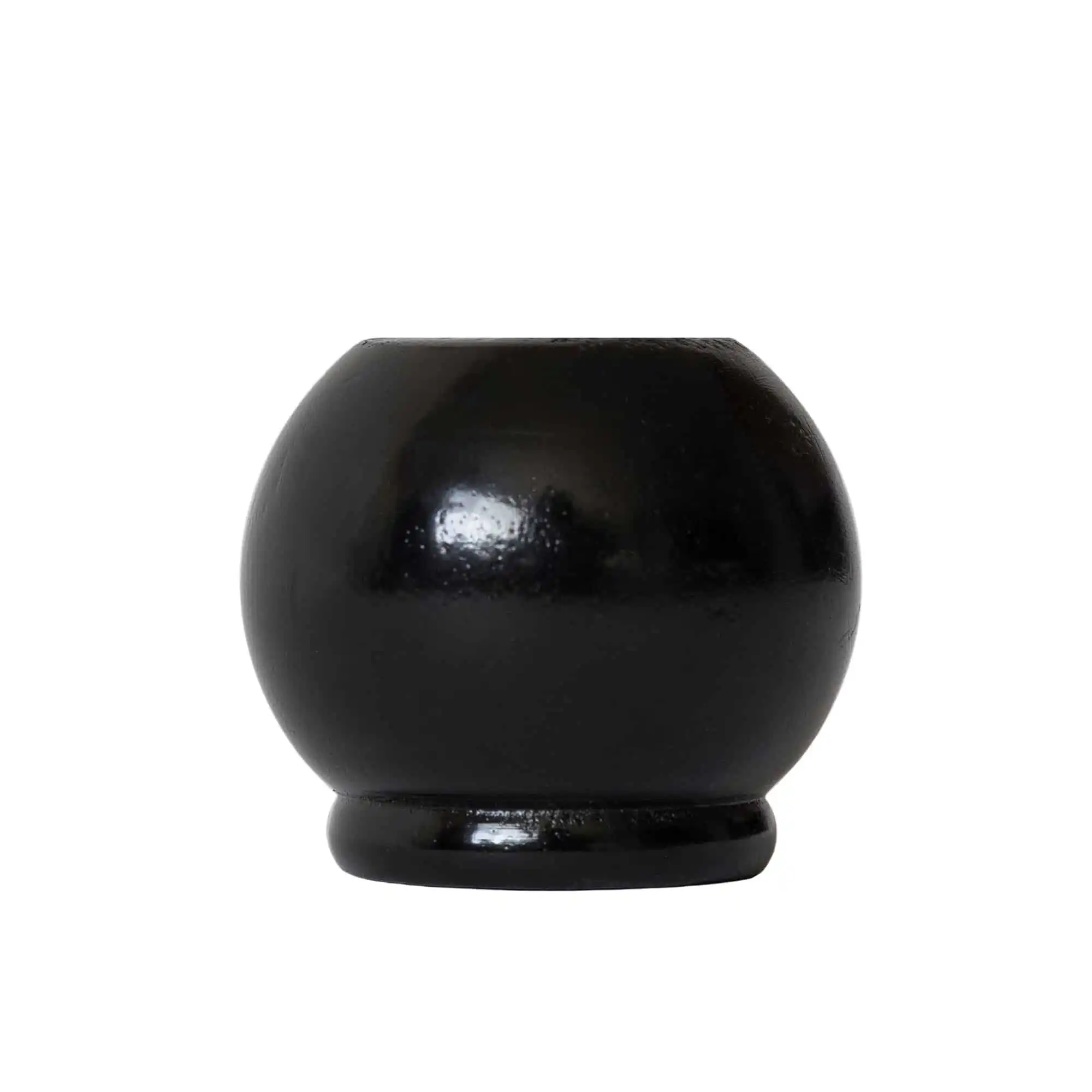Glossy, round black ceramic pot with a dark espresso finish, small base, and smooth handle-free sides.