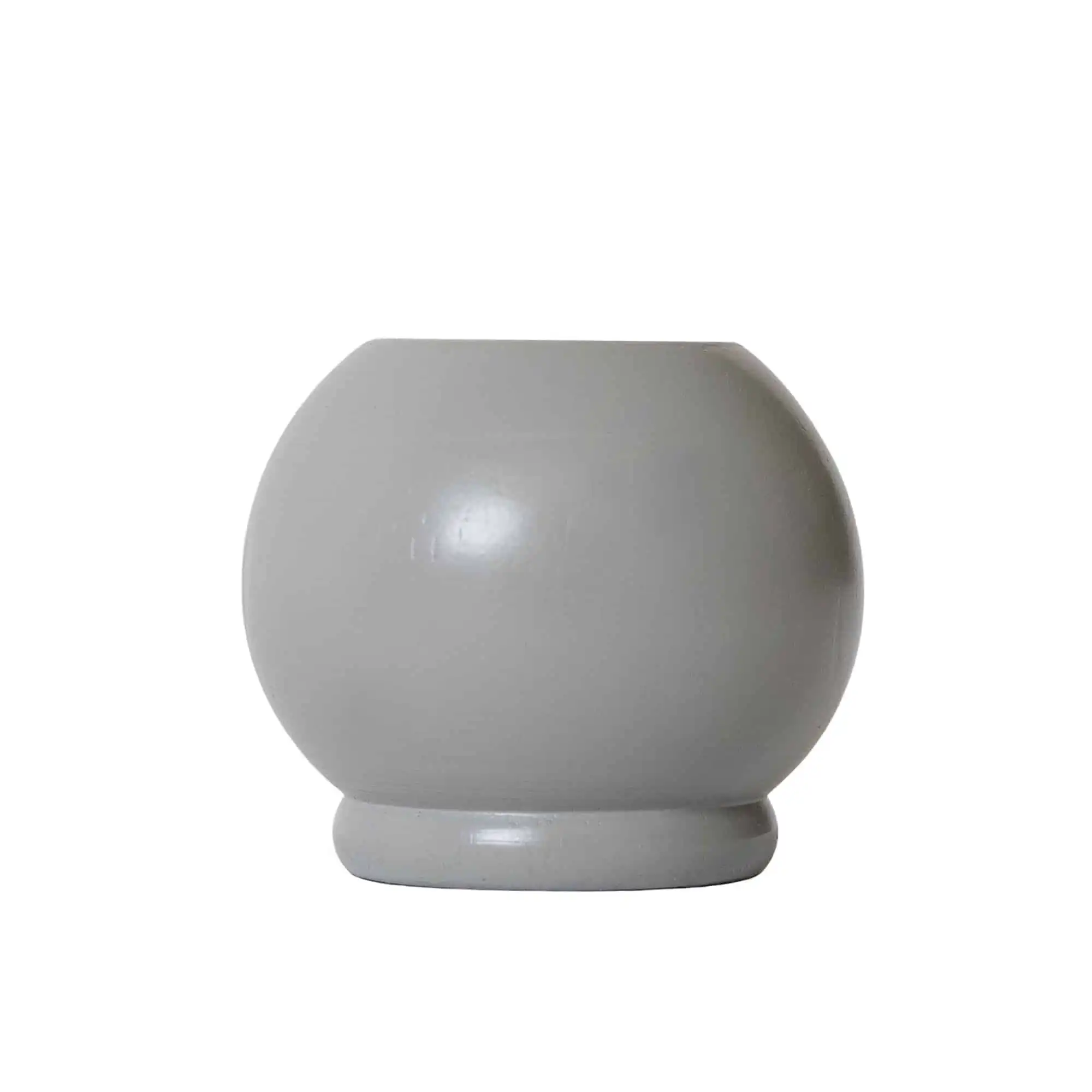 A round, smoke gray ceramic vase with a wide body and narrow base on a plain white background.