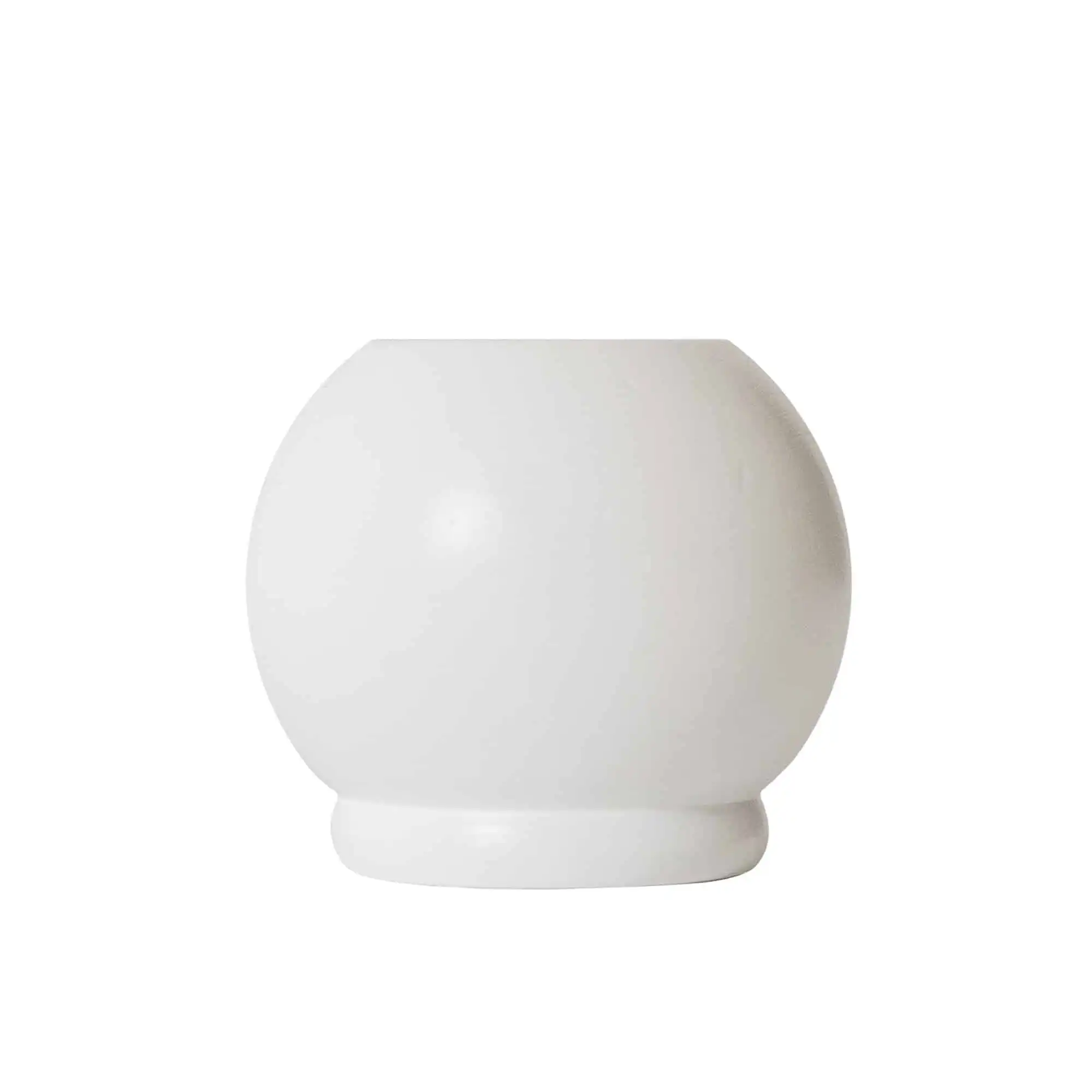Plain white, round ceramic vase with a wide body and narrow base on a white background.