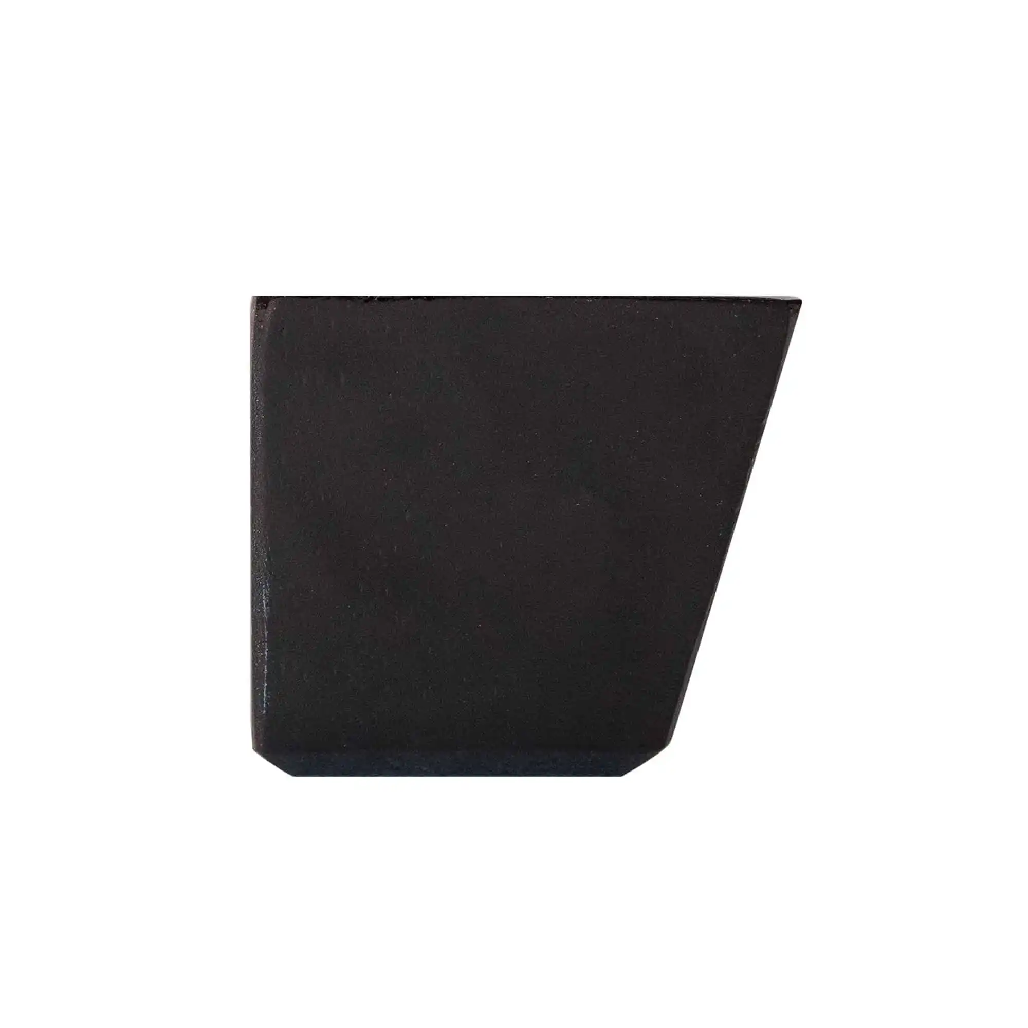 Black, asymmetrical trapezoid-shaped litter box with a dark espresso finish on a plain white background.