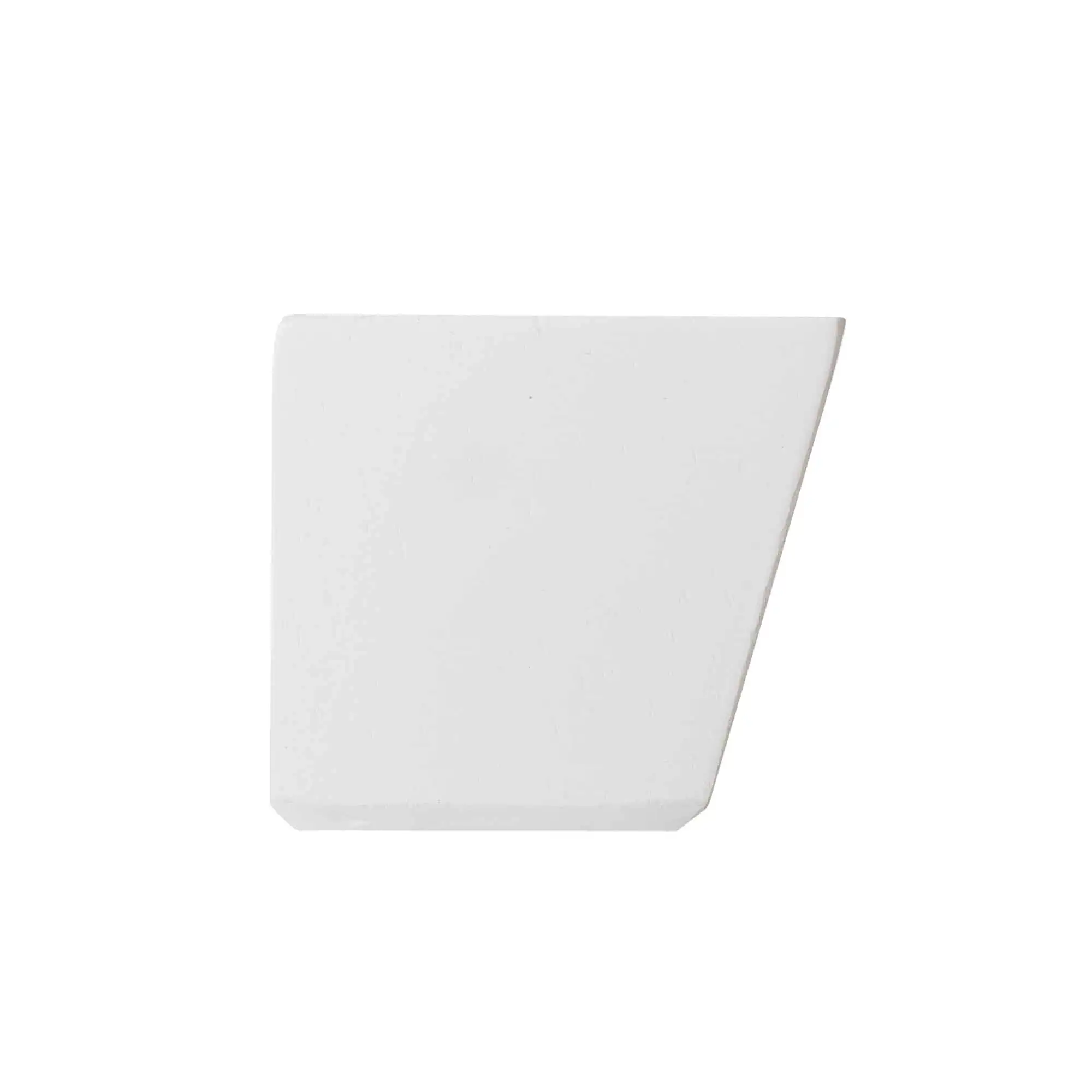 A white, wedge-shaped item with a straight left edge and angled right edge on a plain white background.