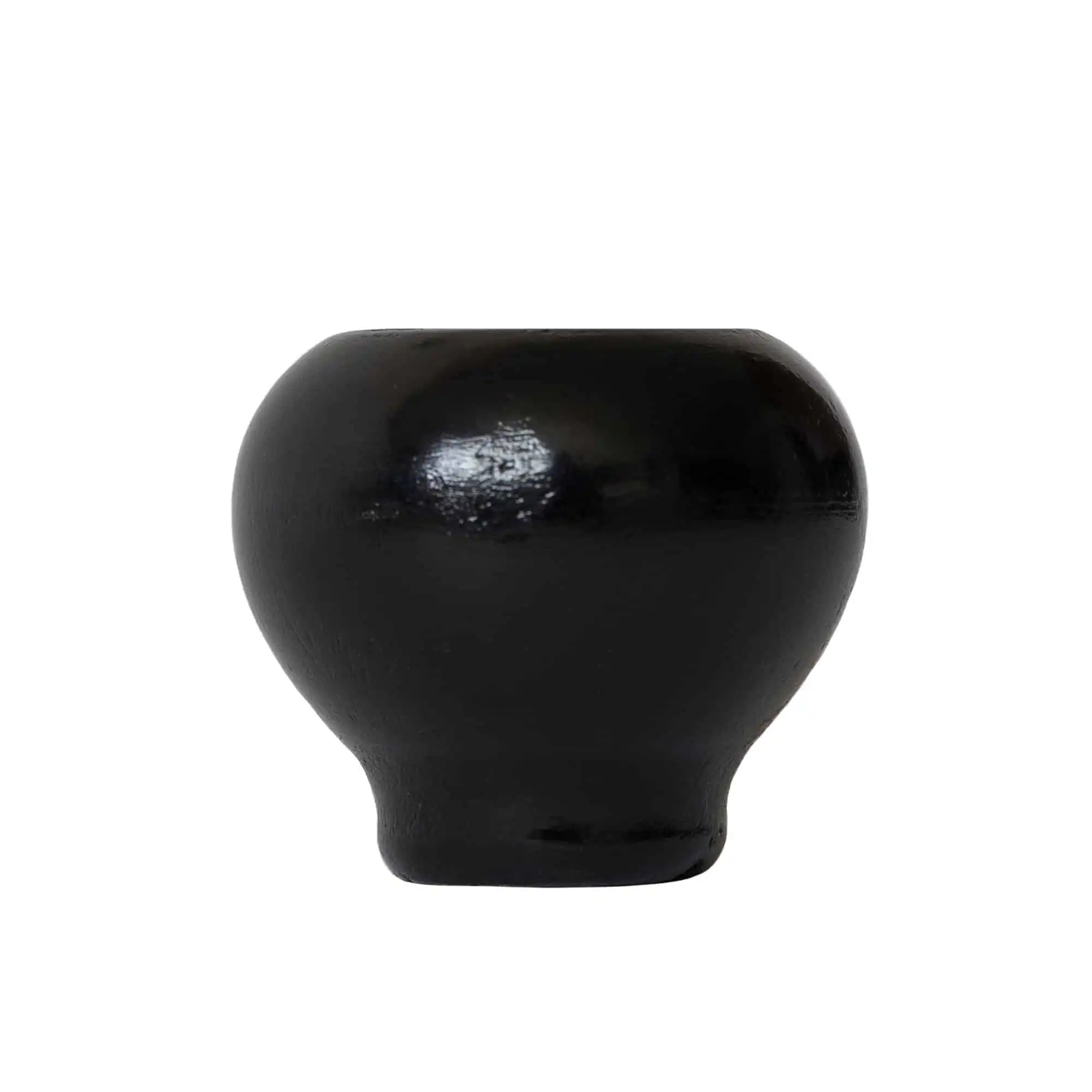 Small, round vessel with glossy black clay finish, wide body, and narrow base on a plain white background.