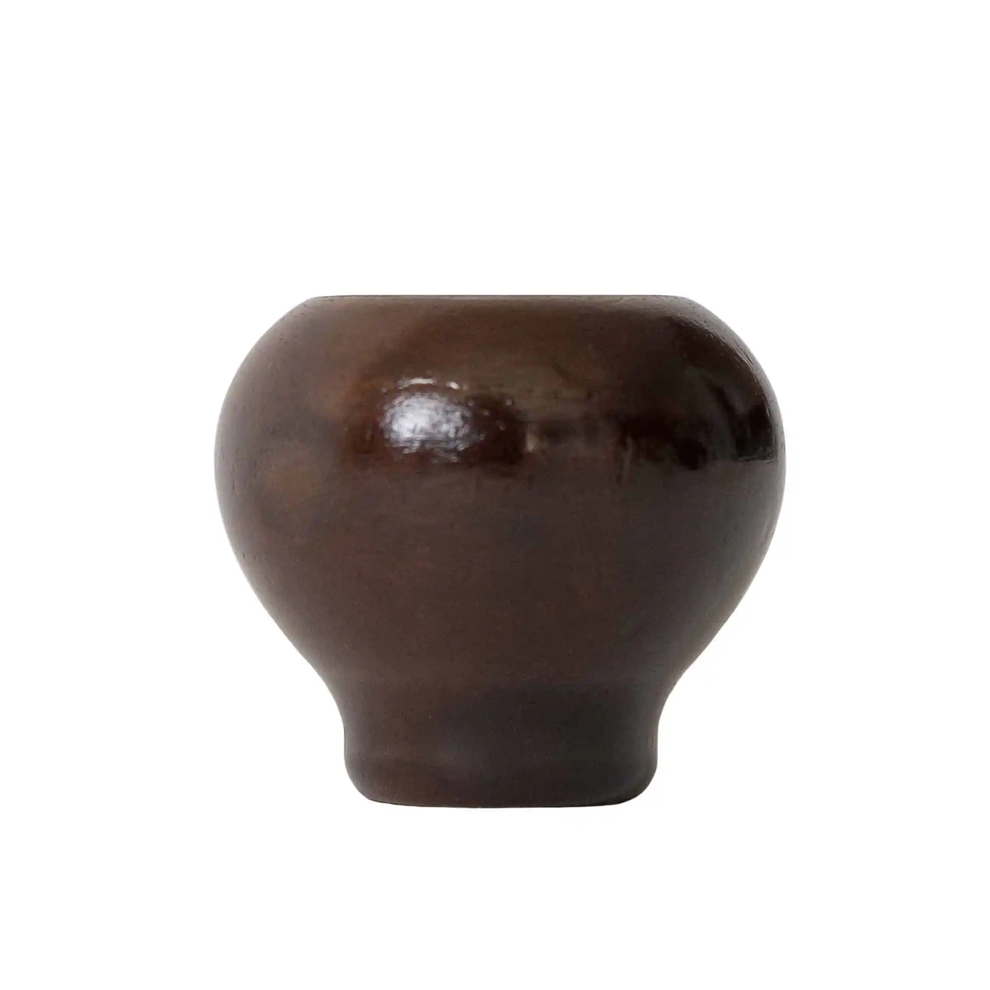Small, round mahogany ceramic vase with a narrow base and glossy finish on a plain white background.