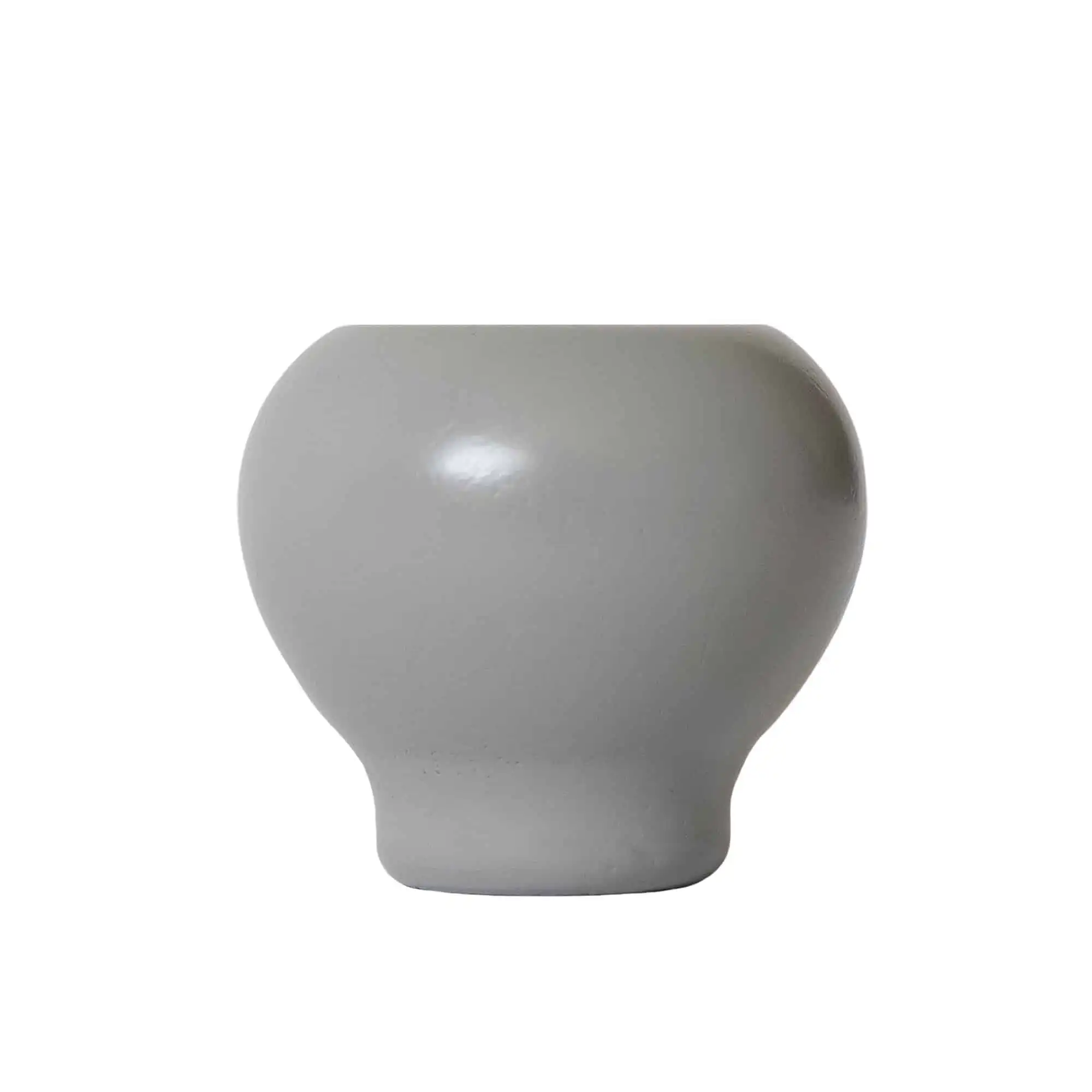 Round smoke gray ceramic vase with wide body, narrow base, and modern design on a plain white background.