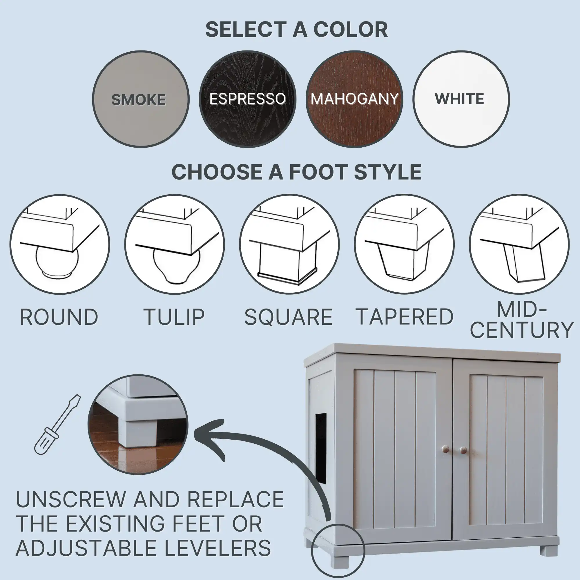 Litterboxfeet guide shows four color choices, five foot styles, and step-by-step instructions for swapping or leveling feet.