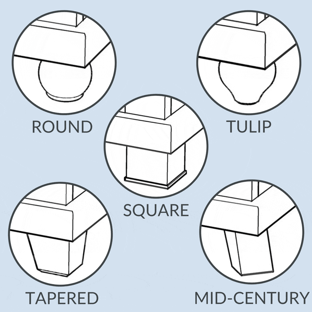 Five line drawings show Litterboxfeetstyles: round, tulip, square, tapered, and mid-century foot designs.