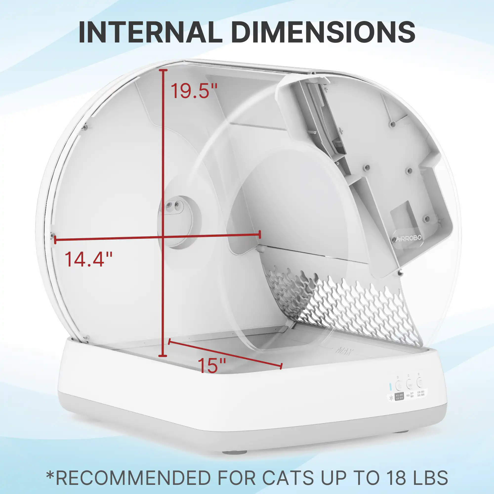 White self-cleaning litter box, 19.5" high, 14.4" deep, 15" wide; fits cats up to 18 lbs.