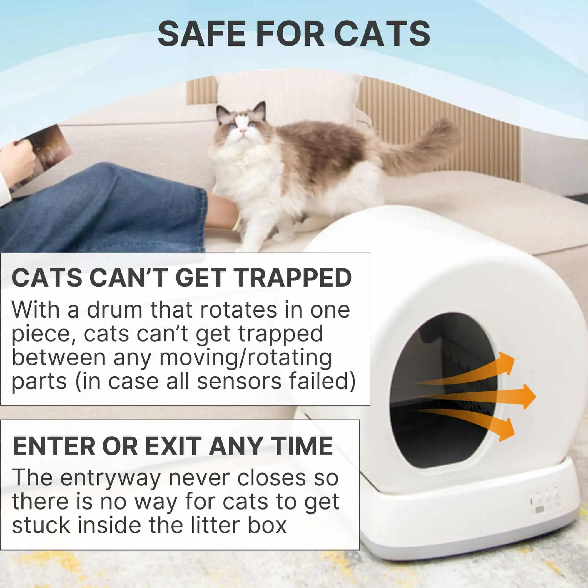 Cat sitting beside a white UB Pet Main Image 11 self-cleaning litter box with visible safety features.