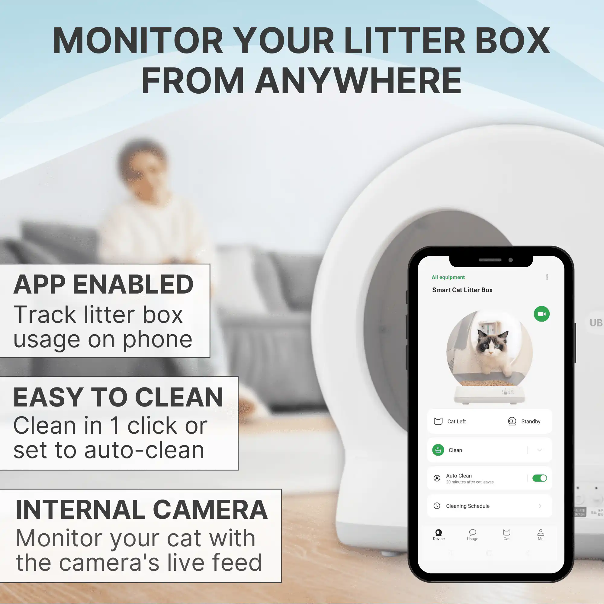 A white self-cleaning litter box with a digital display, shown next to a smartphone displaying its companion app.