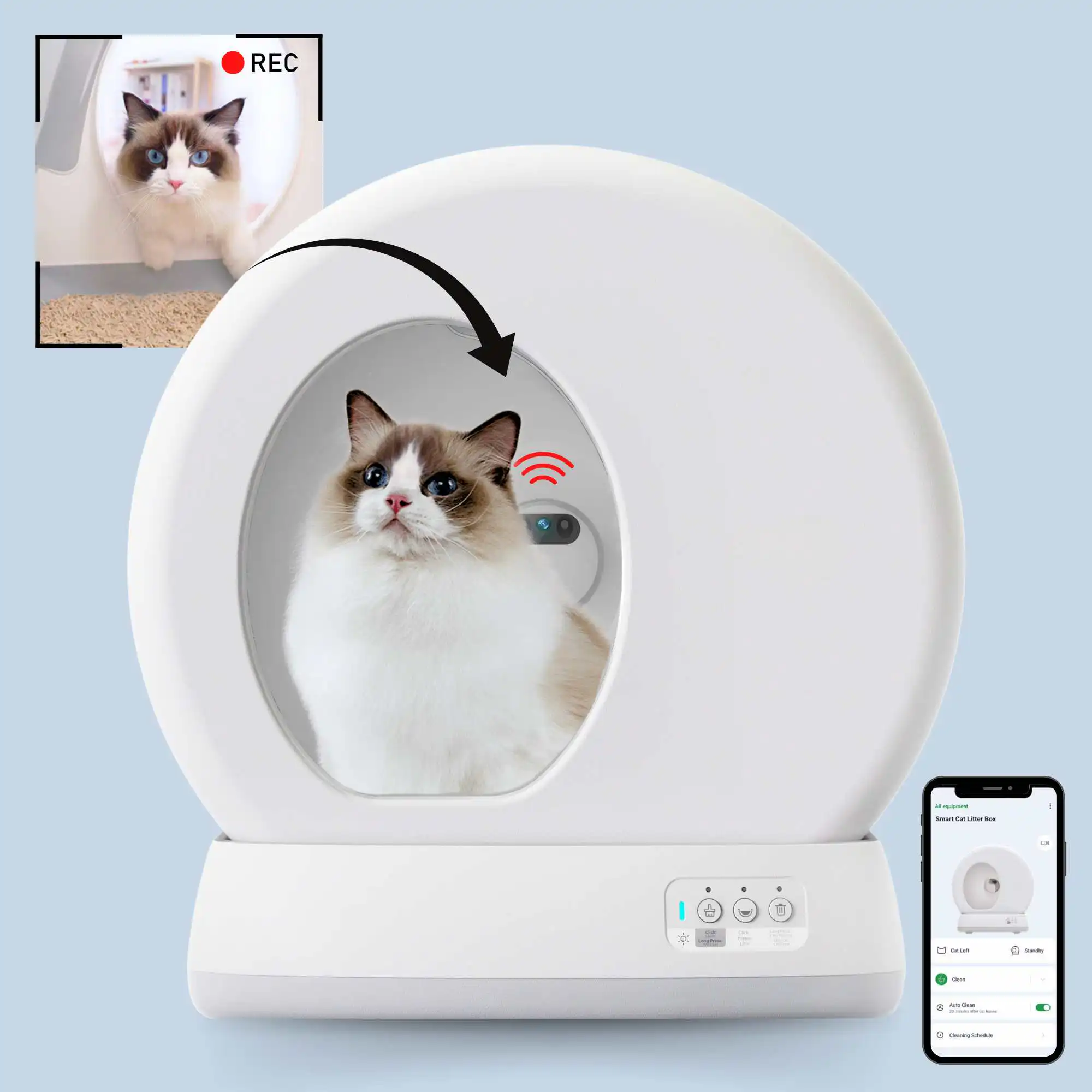 A fluffy cat sits in a UBPET self-cleaning litter box with a built-in camera; nearby, a smartphone displays the app interface.
