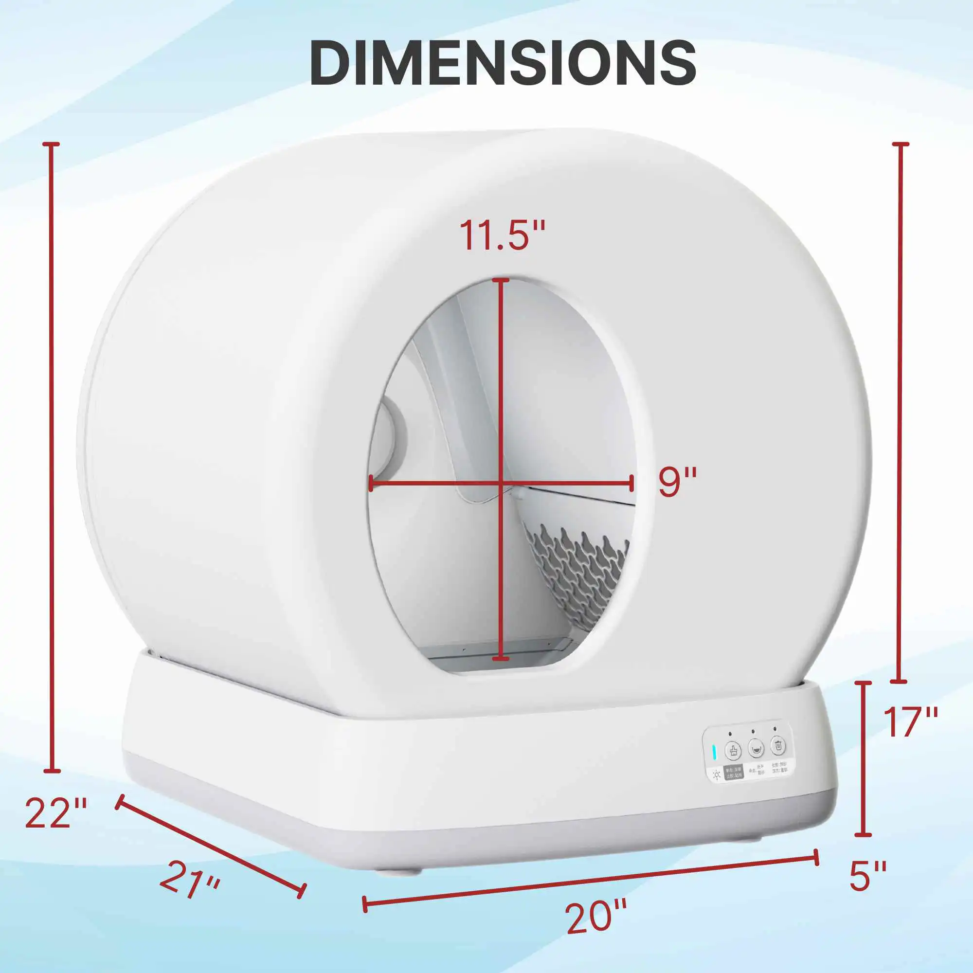 White self-cleaning litter box with circular opening, control panel, and labeled dimensions: 27"x22"x17".