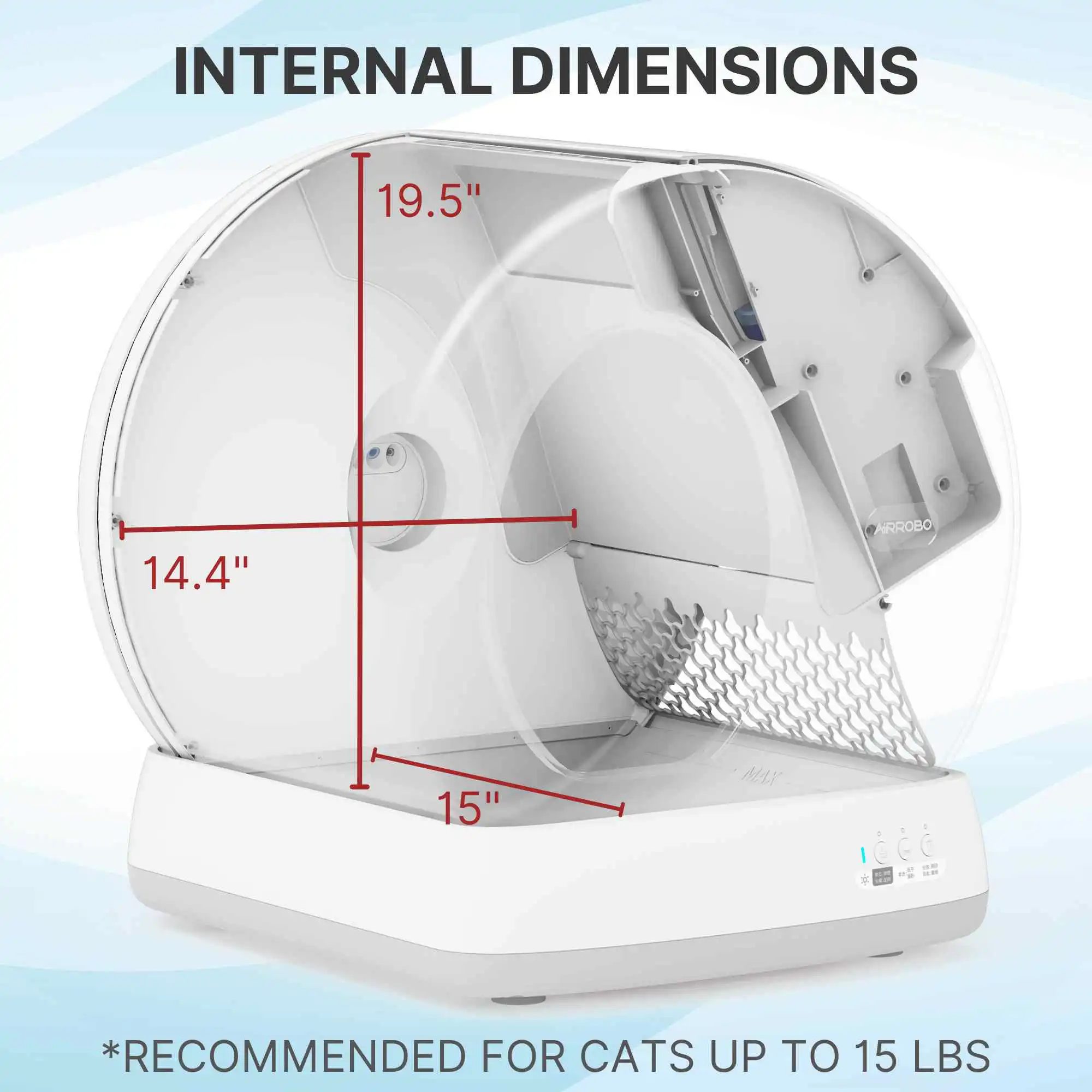 Open self-cleaning litter box, 19.5" high, 15" deep, 14.4" wide; suitable for cats up to 15 lbs.