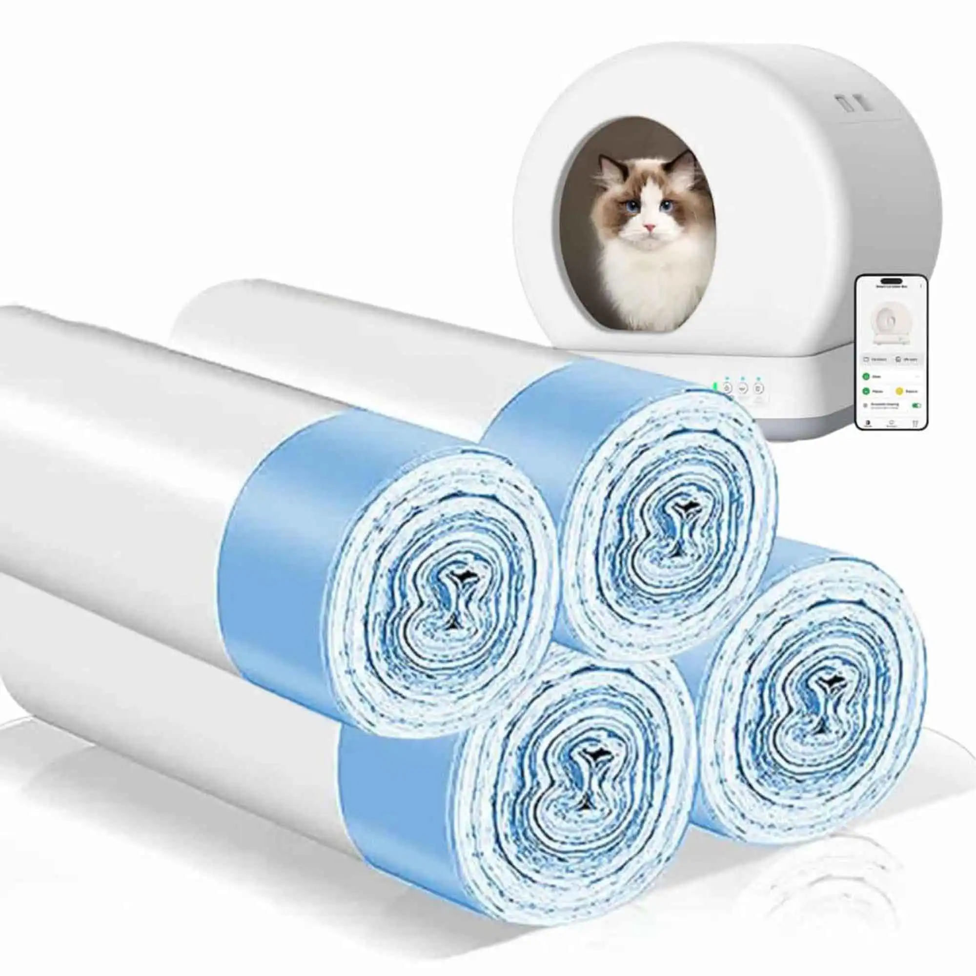 Four blue and white rolled waste bags in front of a self-cleaning litter box with a cat, beside a smartphone displaying an app.