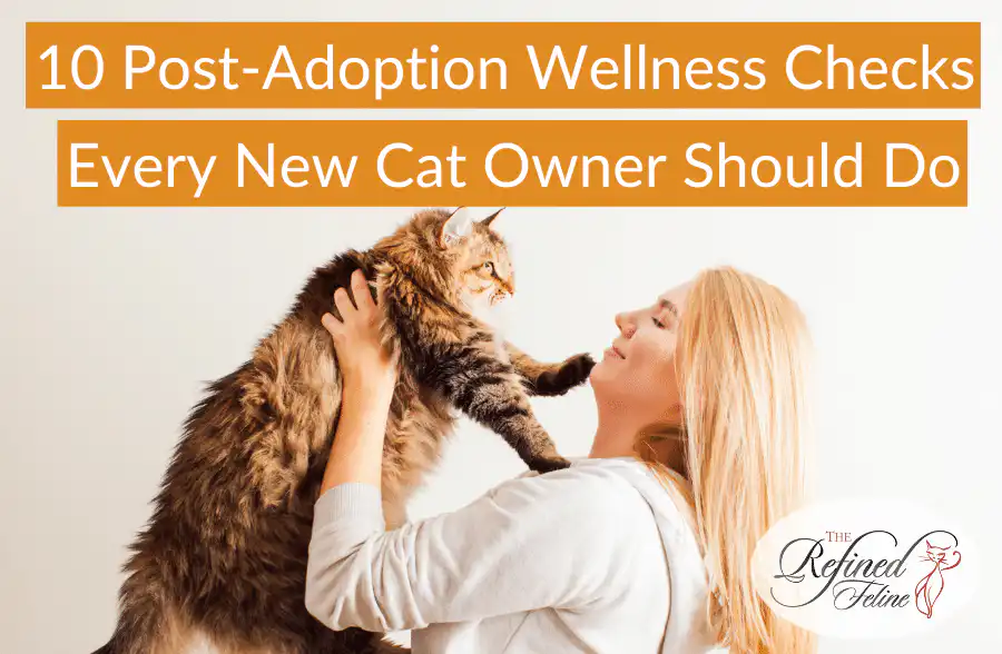 Woman holding a large, fluffy cat next to the text: "10 Post Adoption Wellness Checks Every New Cat Owner Should Do.