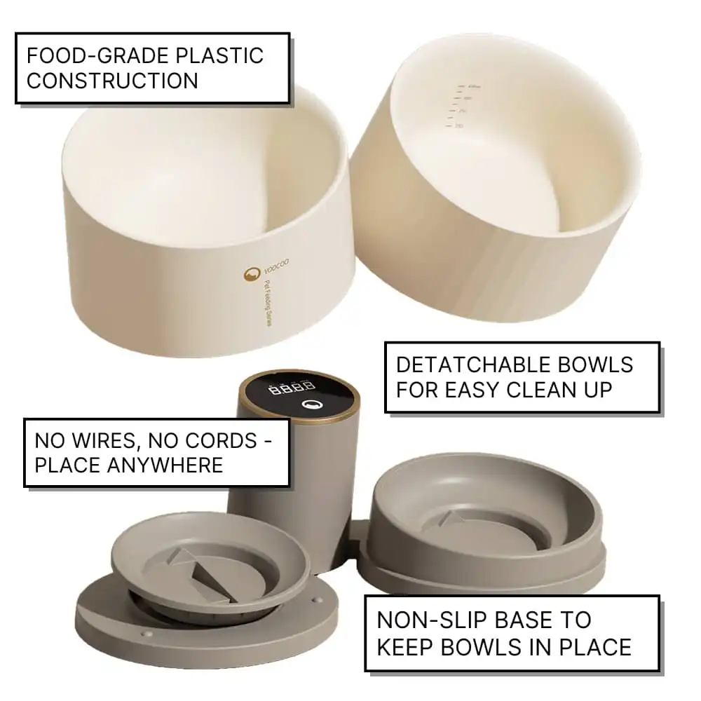 Pet food bowl scale with two cream bowls on a non-slip base, digital display, cordless design, and easy-clean plastic.