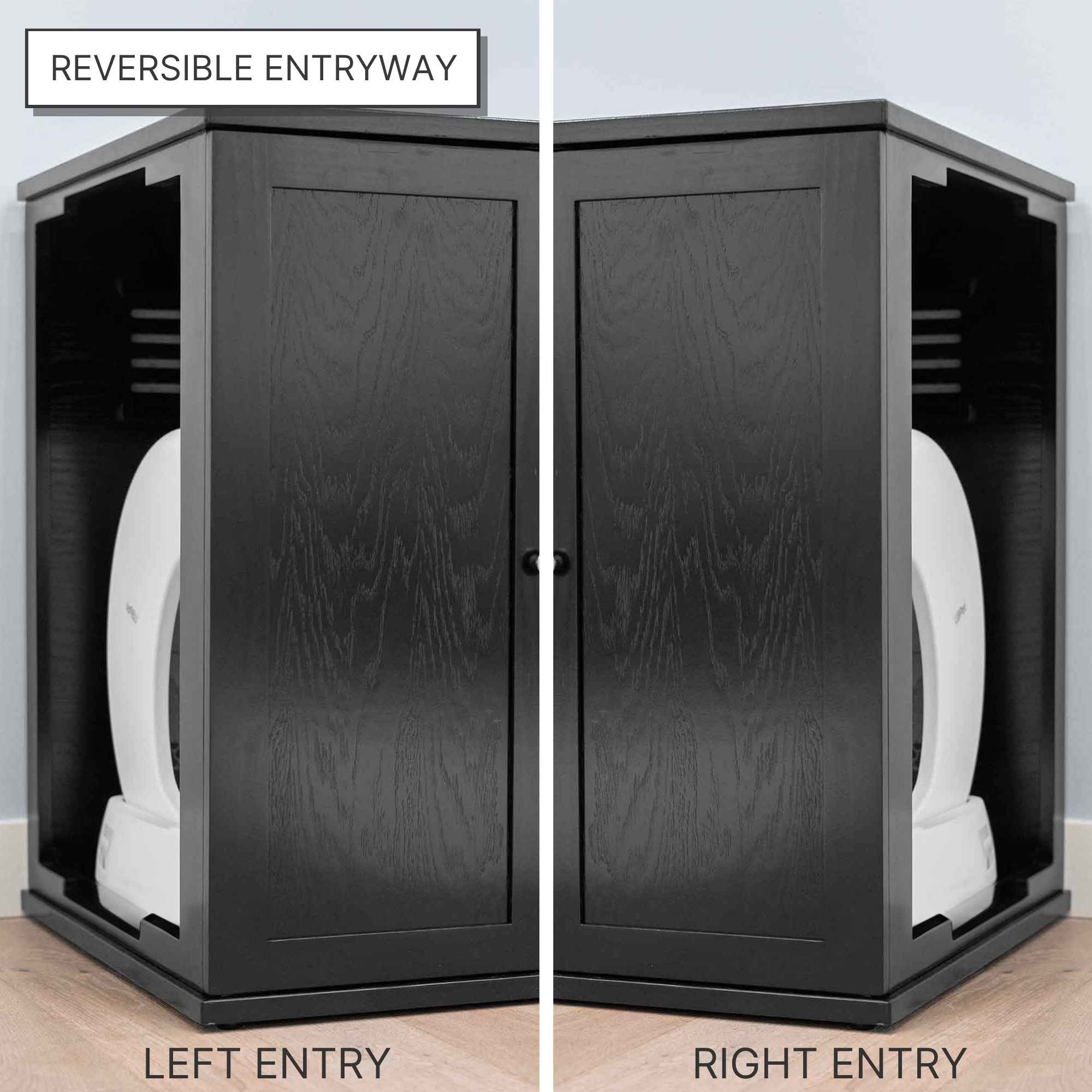 Black cabinet for self-cleaning litter box with split showing left and right reversible entry options, labeled.
