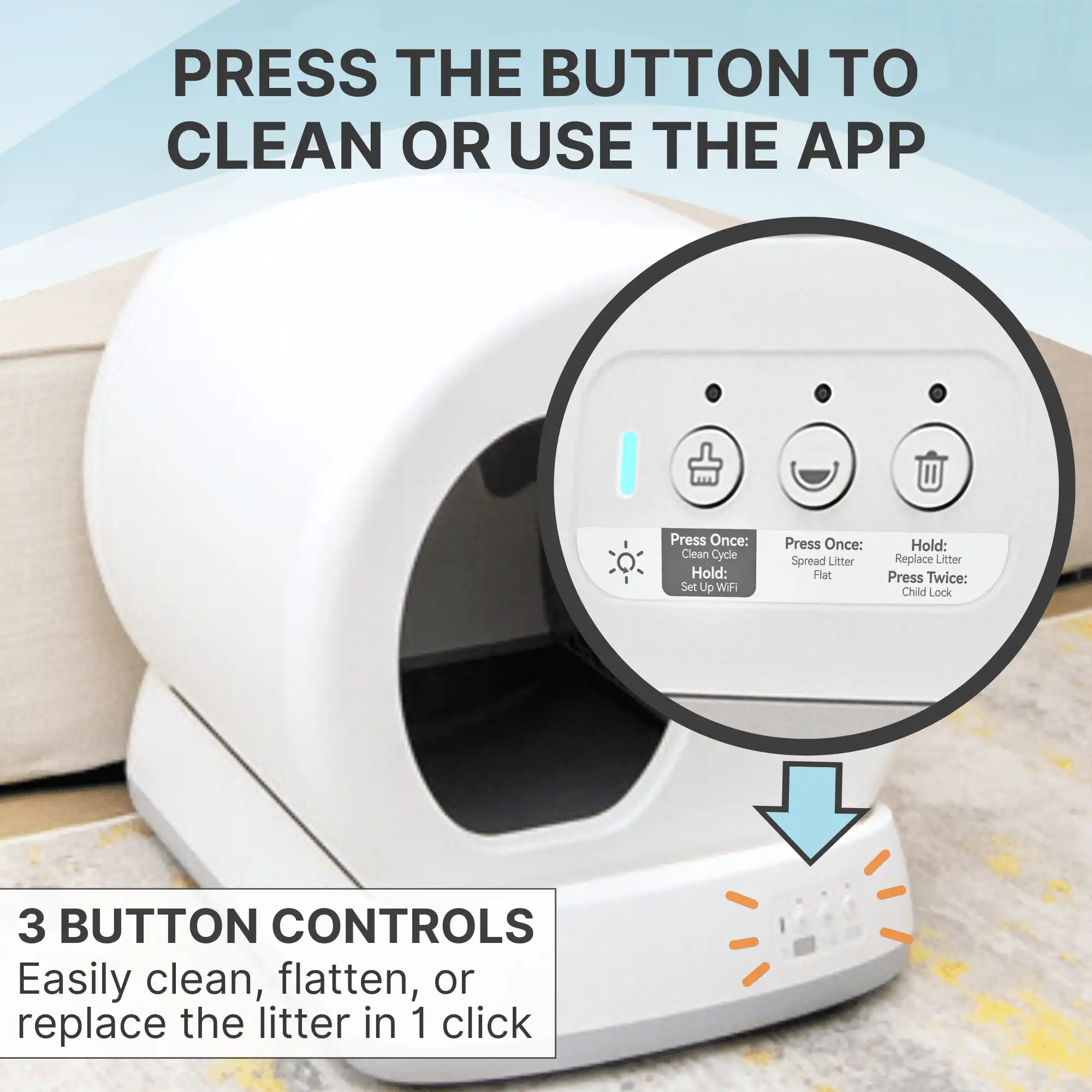 UB-Pet-Main-Image-3 shows a self-cleaning litter box with close-up control buttons and a smartphone app nearby.