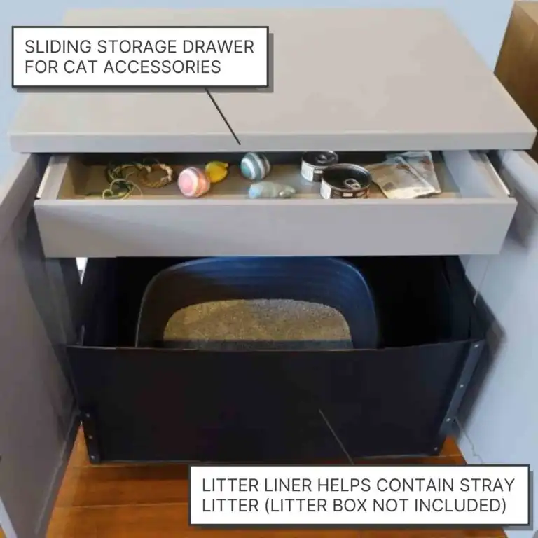 Pet furniture with a sliding drawer above and spacious litter box enclosure below, liner included, box not included.