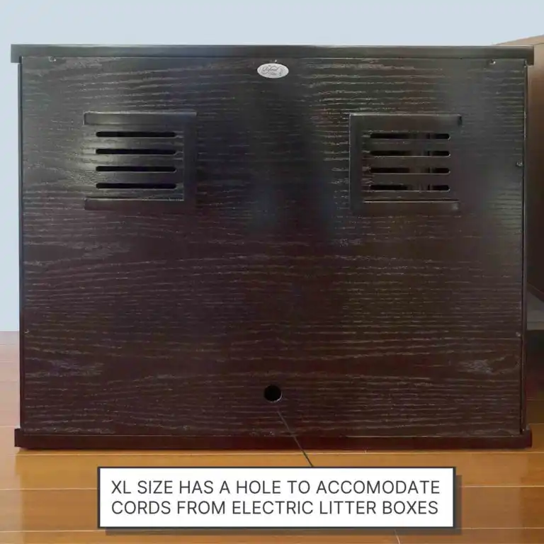 Dark wooden litter box enclosure with two vented panels, bottom hole, and XL cord opening noted on label below.