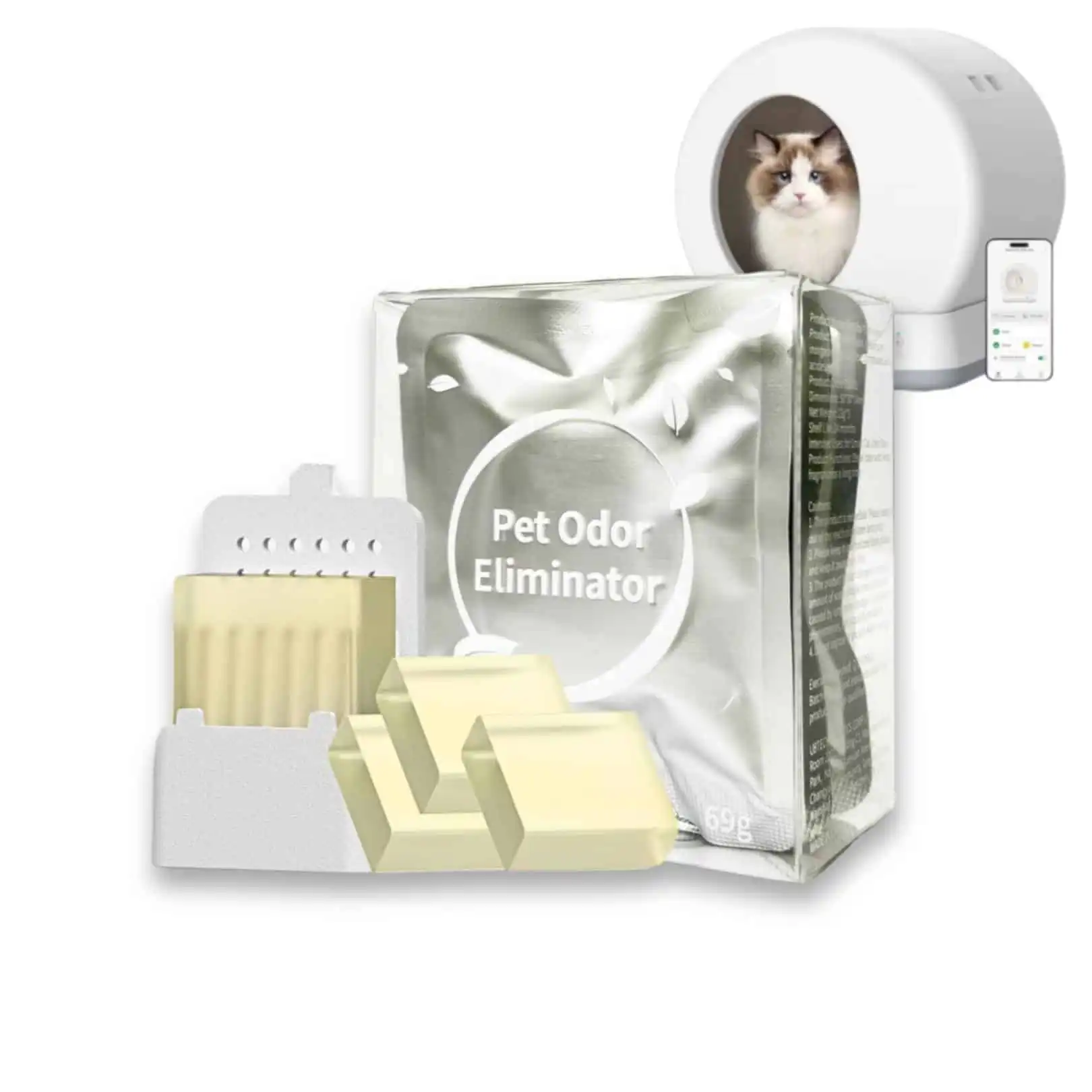 A UBPET Odor Eliminator package with beige cubes sits in front of a litter box with a cat inside.
