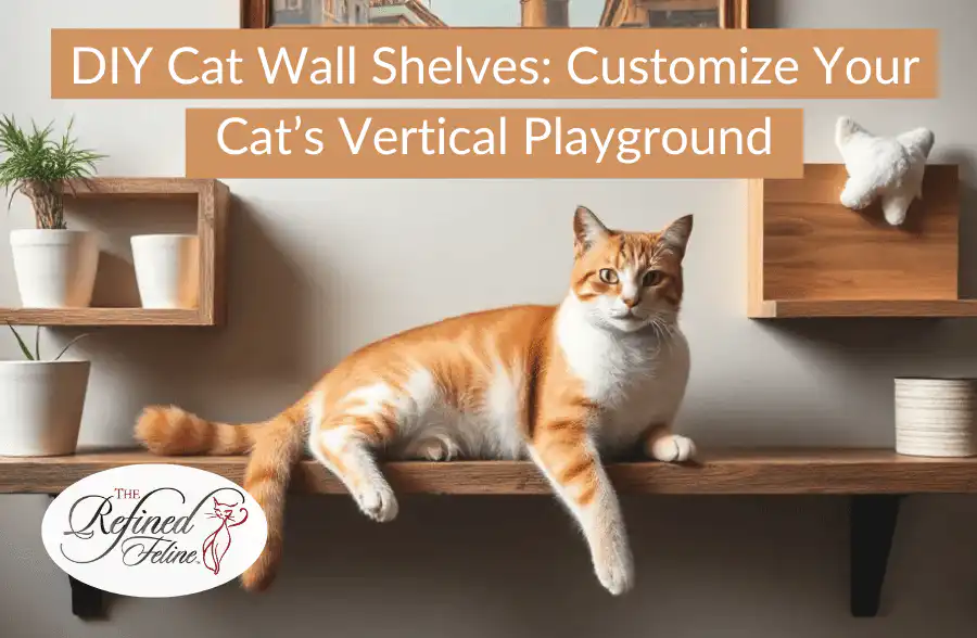 Orange and white cat lies on a wooden shelf with plants and decor, next to a sign: DIY Cat Wall Shelves—Customize your own.