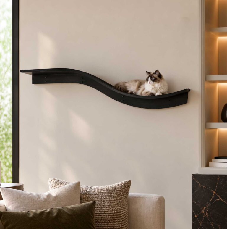 A cat lounging on a black, wave-shaped wall shelf above a couch in a modern living room with neutral decor.