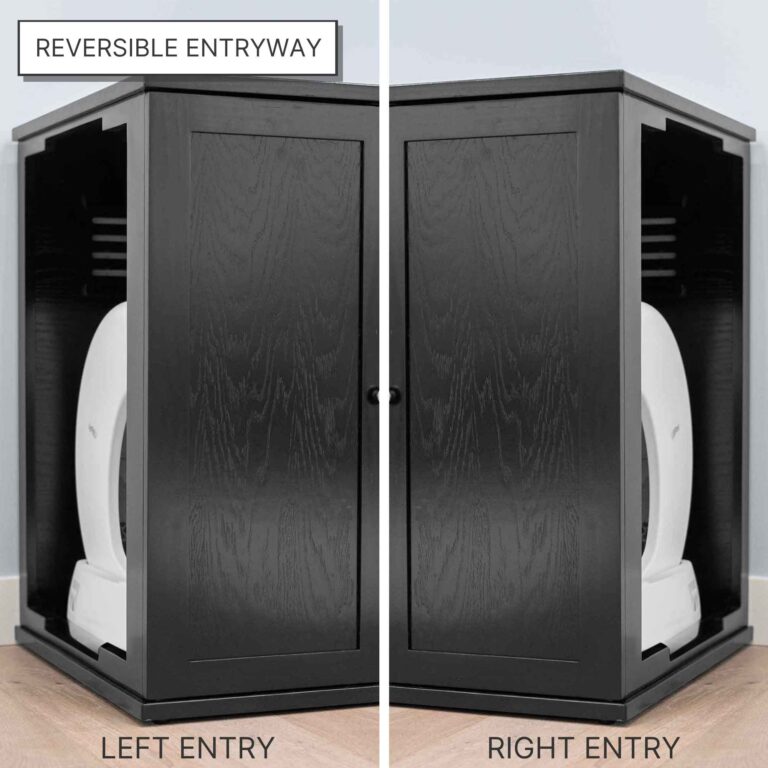 Black wooden cabinet with a central door, housing a hidden cat litter box; entries labeled Left and Right Entry.