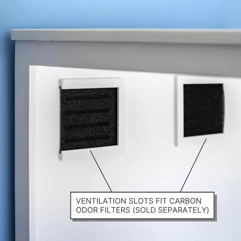 Two rectangular ventilation slots with a label on a white panel; blue wall background.