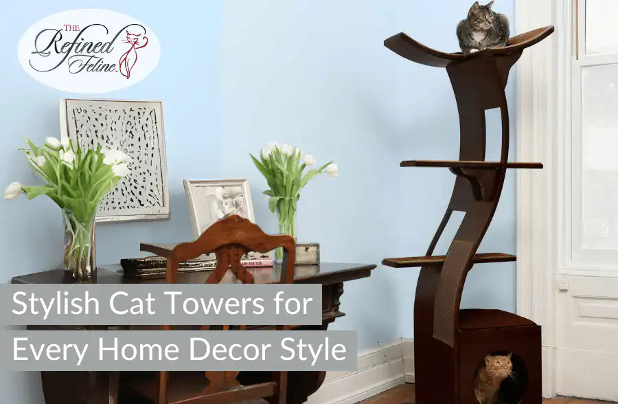 Two cats on a modern cat tower by a wooden desk with flowers, framed photos, and text: Stylish Cat Furniture for Every Home Decor Style.